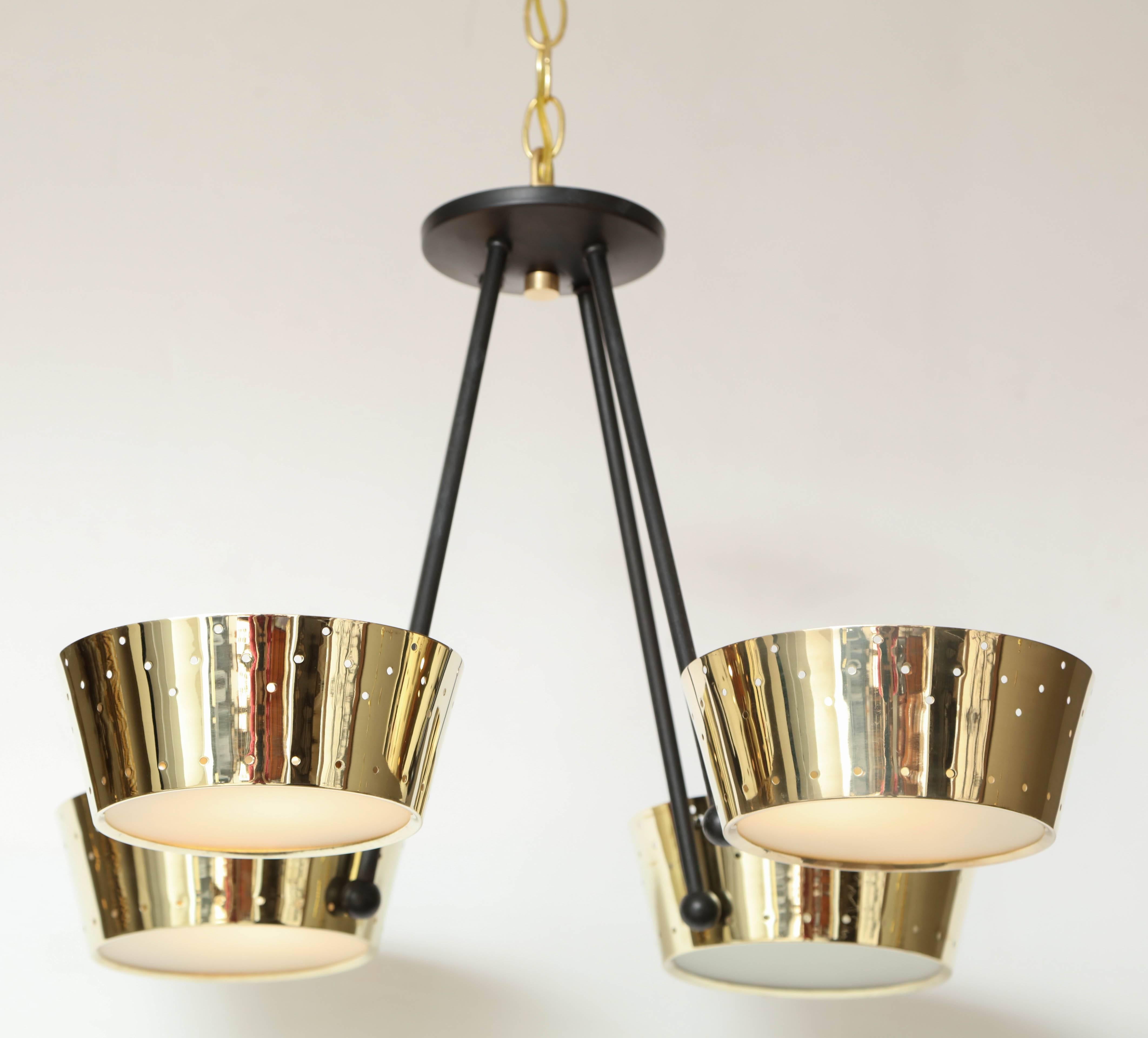 Frosted  Pierced Brass Four-Light Chandelier by Gerald Thurston for Lightolier