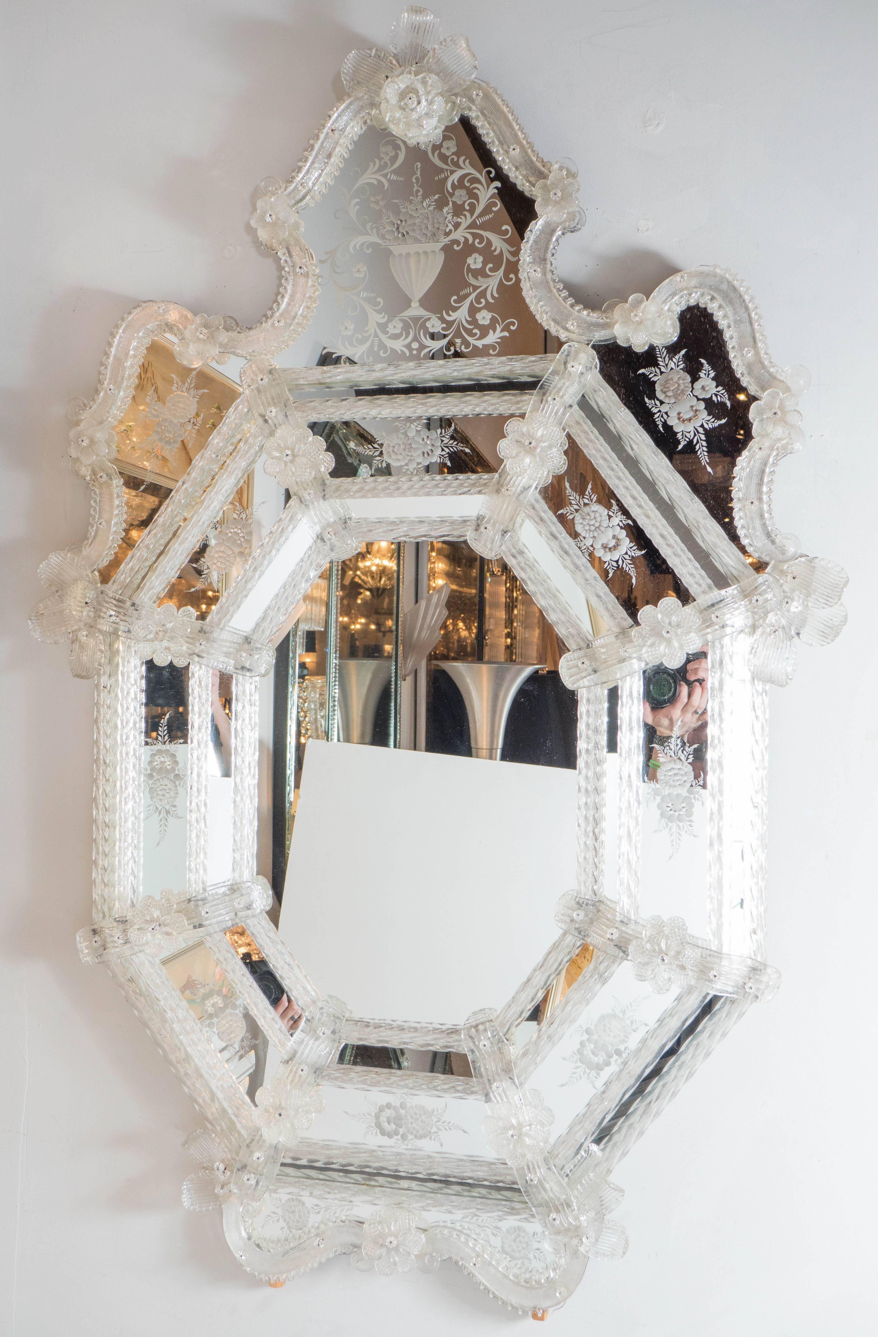 Hollywood Regency Murano Venetian Mirror with Intricate Stylized Floral and Foliage Appliques