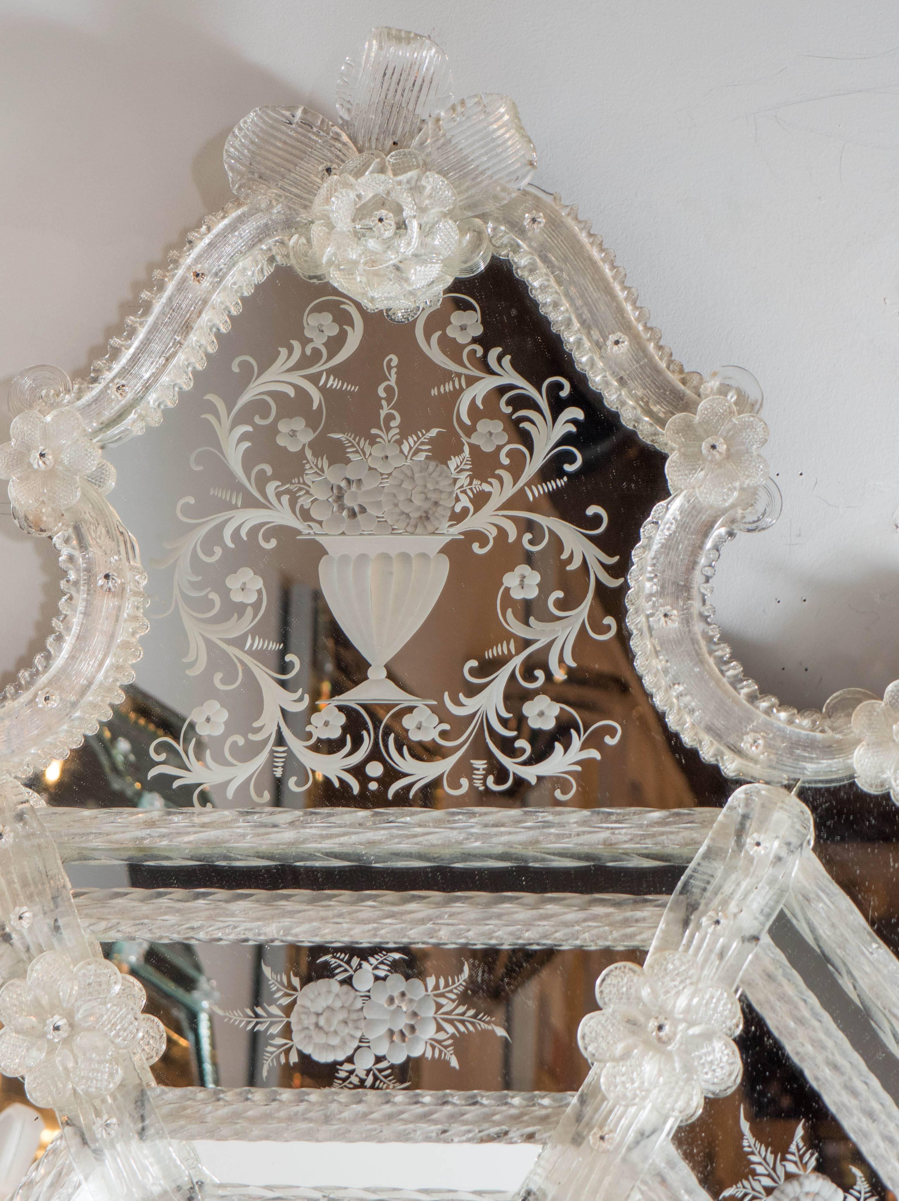 Italian Murano Venetian Mirror with Intricate Stylized Floral and Foliage Appliques