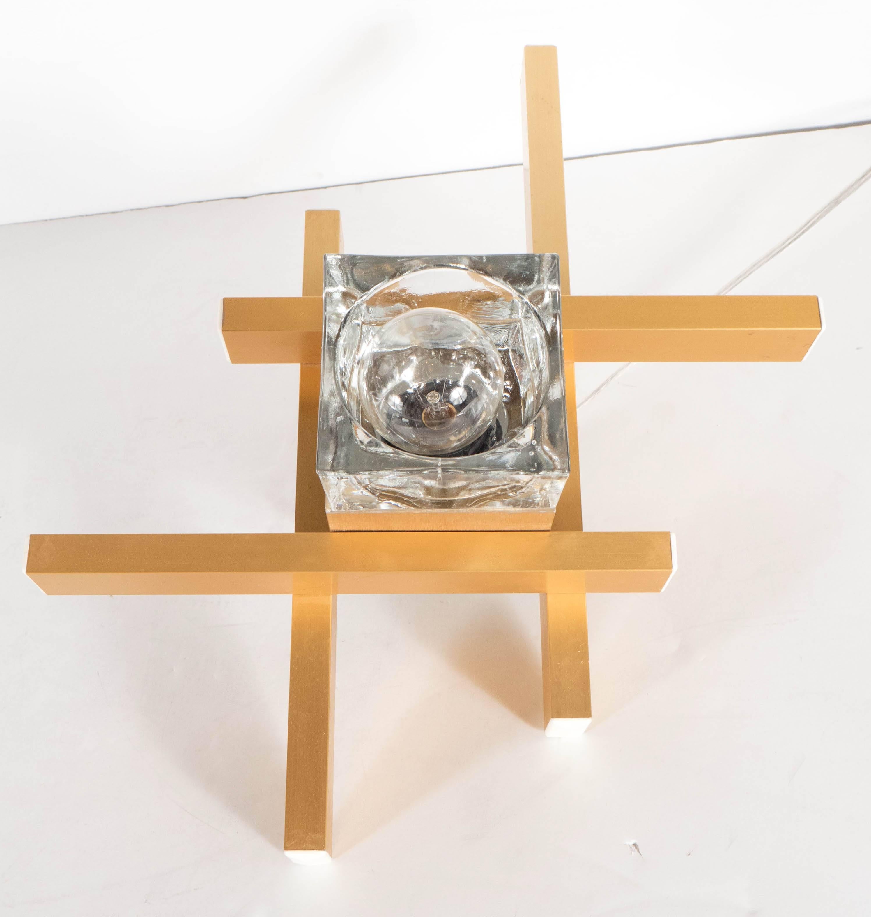 Late 20th Century Mid-Century Modernist Flush Mount Brass and Cubed Glass Fixture by Sciolari For Sale