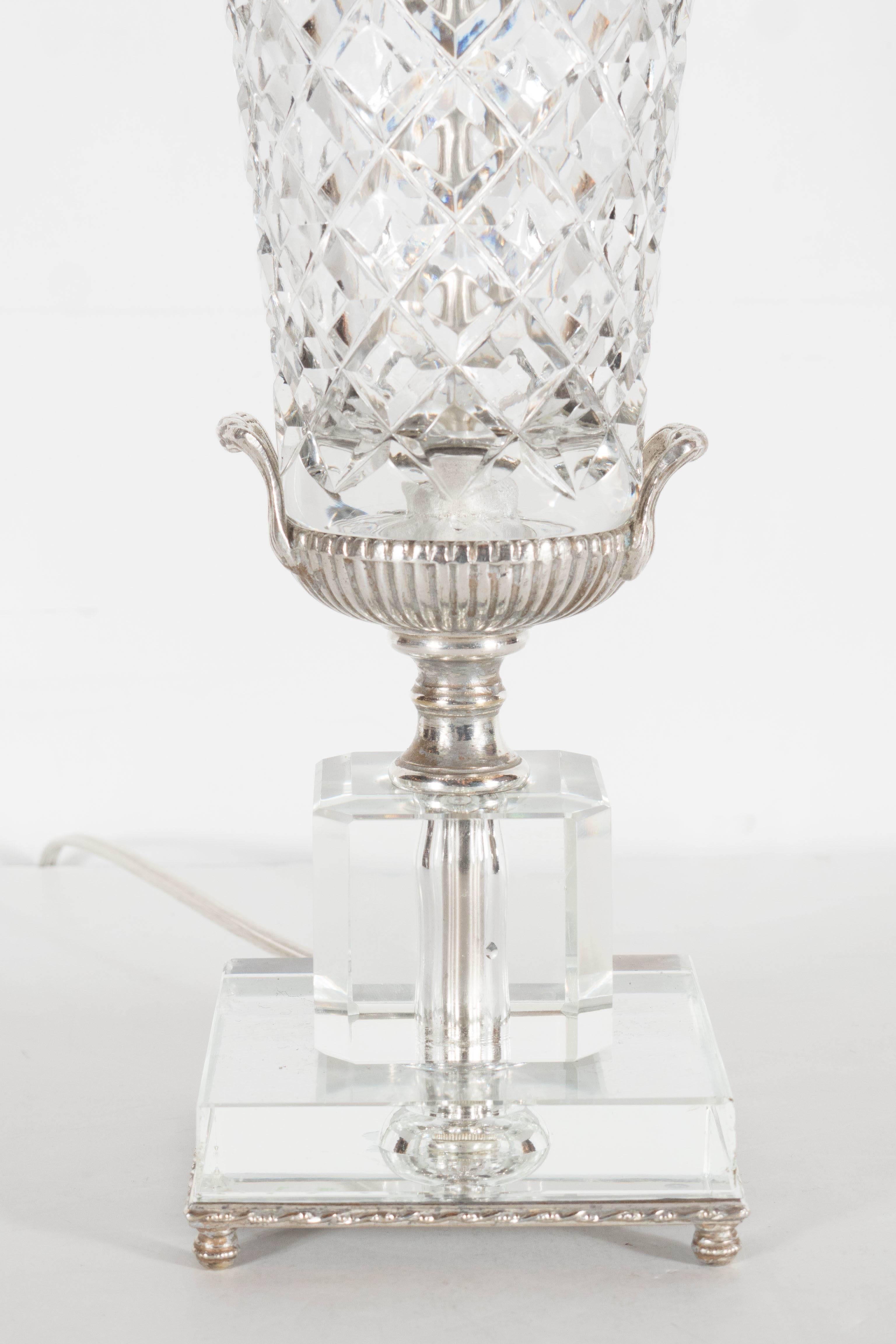 Hollywood Regency 1940s Hollywood Cut Crystal Urn Form Table Lamp with Silvered Fittings