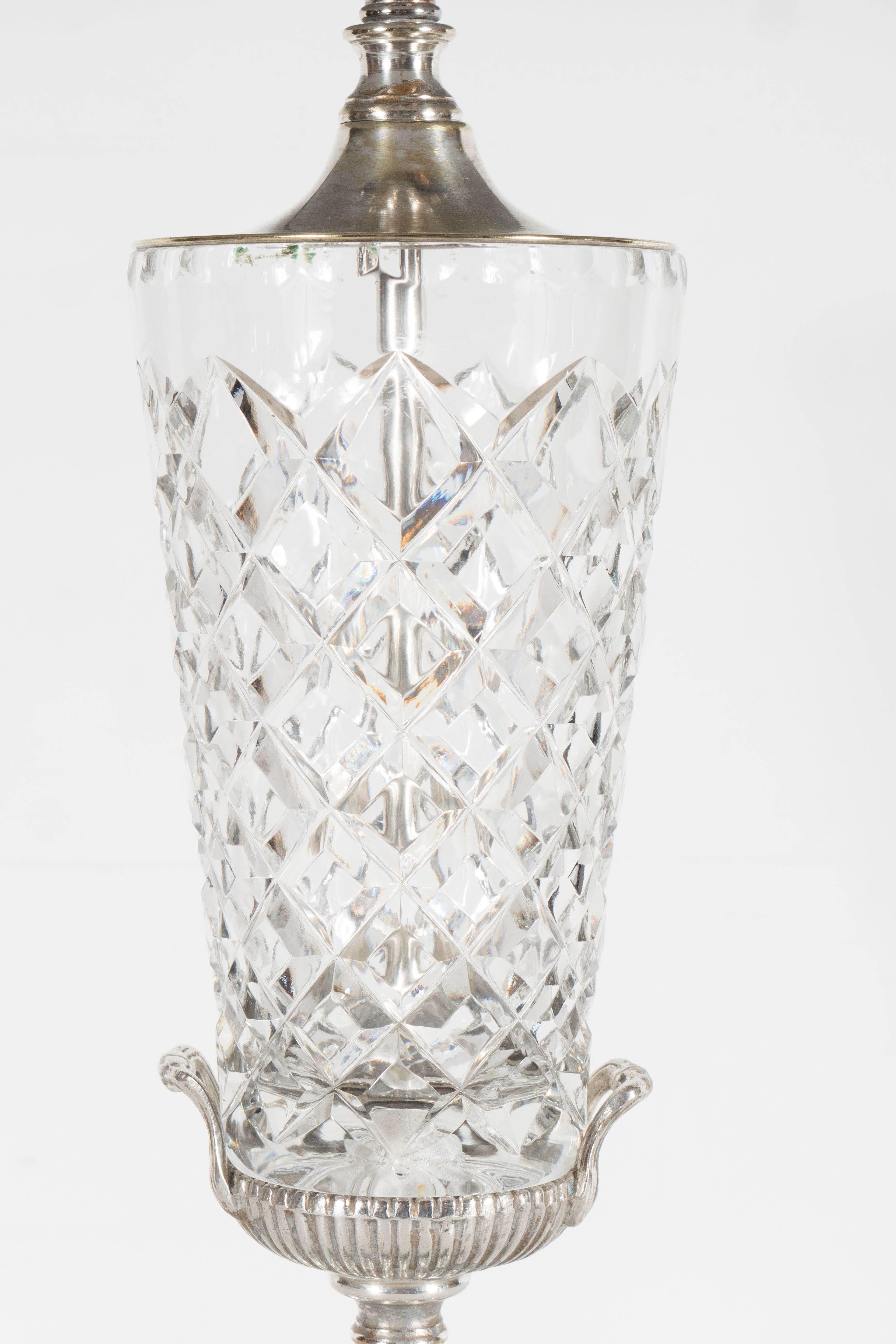 American 1940s Hollywood Cut Crystal Urn Form Table Lamp with Silvered Fittings