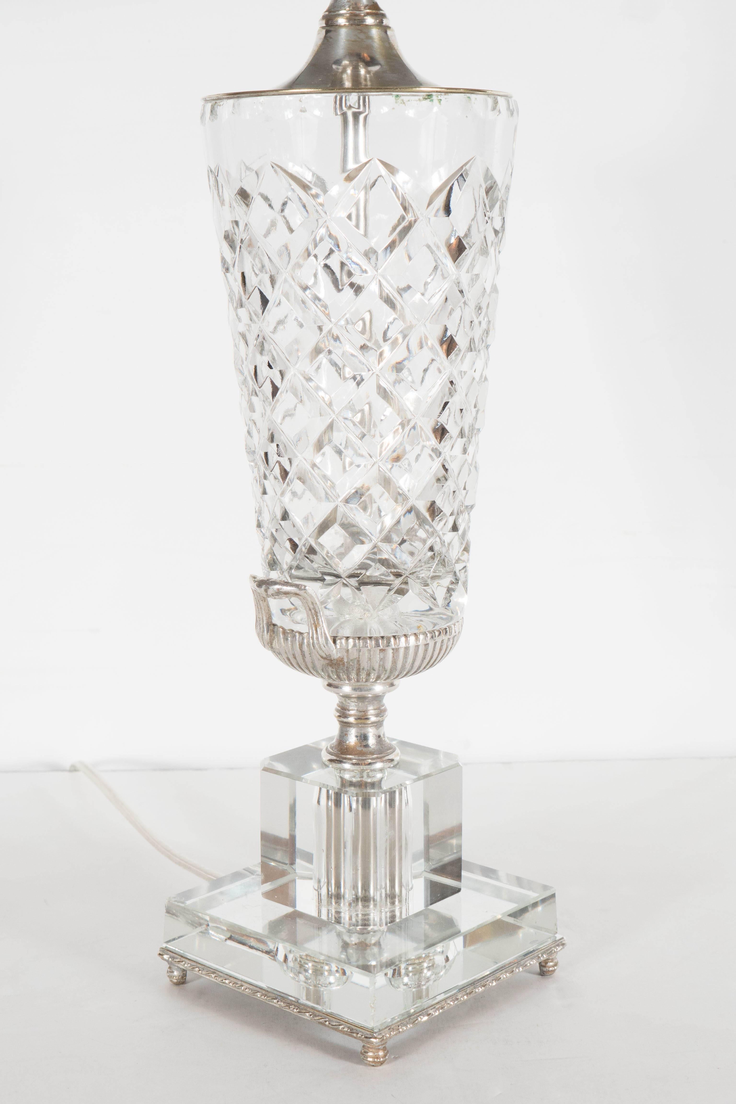 Mid-20th Century 1940s Hollywood Cut Crystal Urn Form Table Lamp with Silvered Fittings