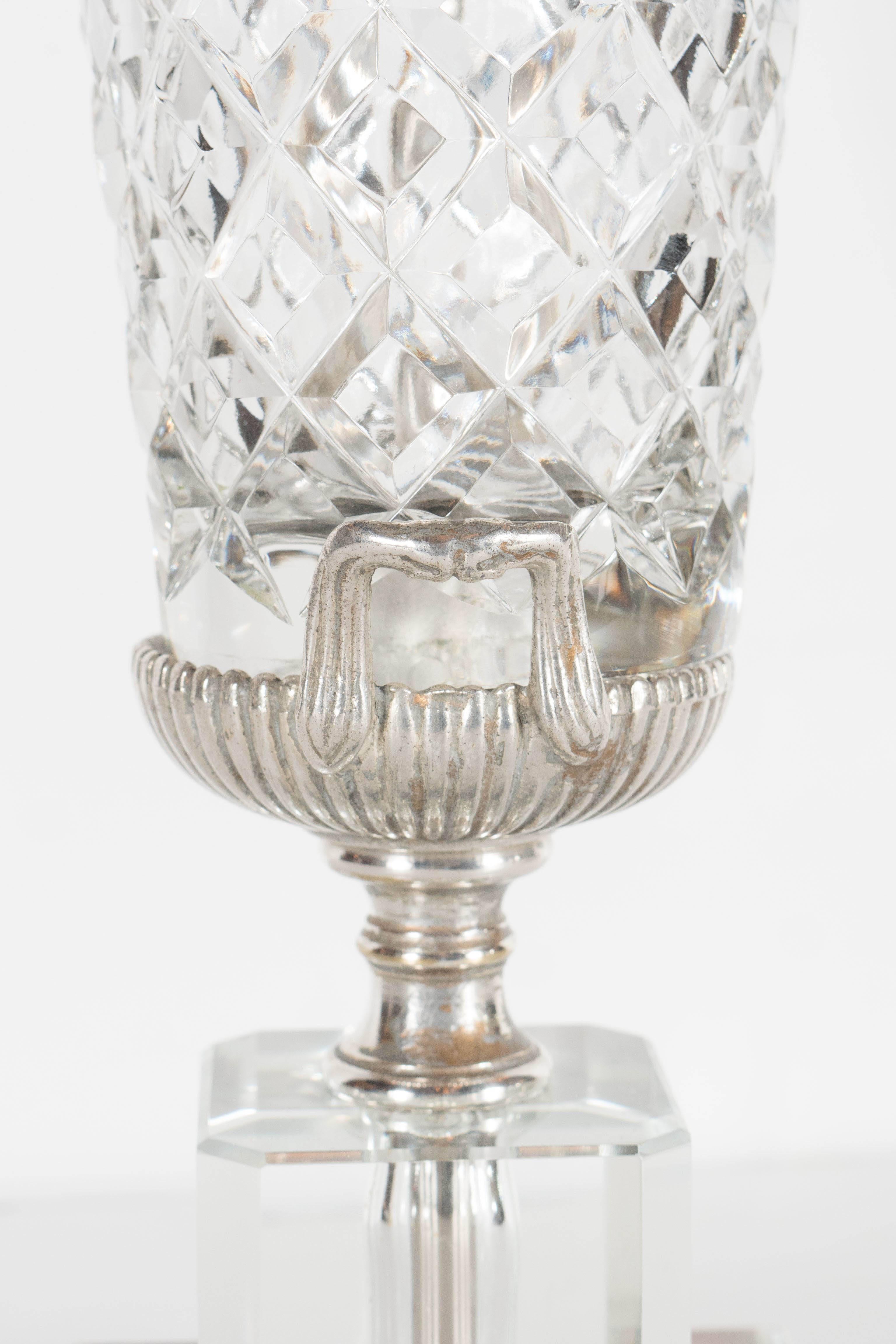1940s Hollywood Cut Crystal Urn Form Table Lamp with Silvered Fittings 1