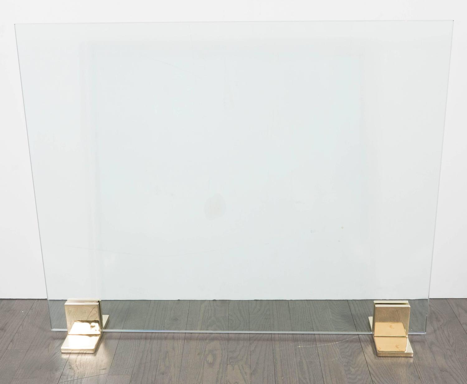 Custom Modern Fire Screen In Polished Brass And Tempered Glass At 1stdibs