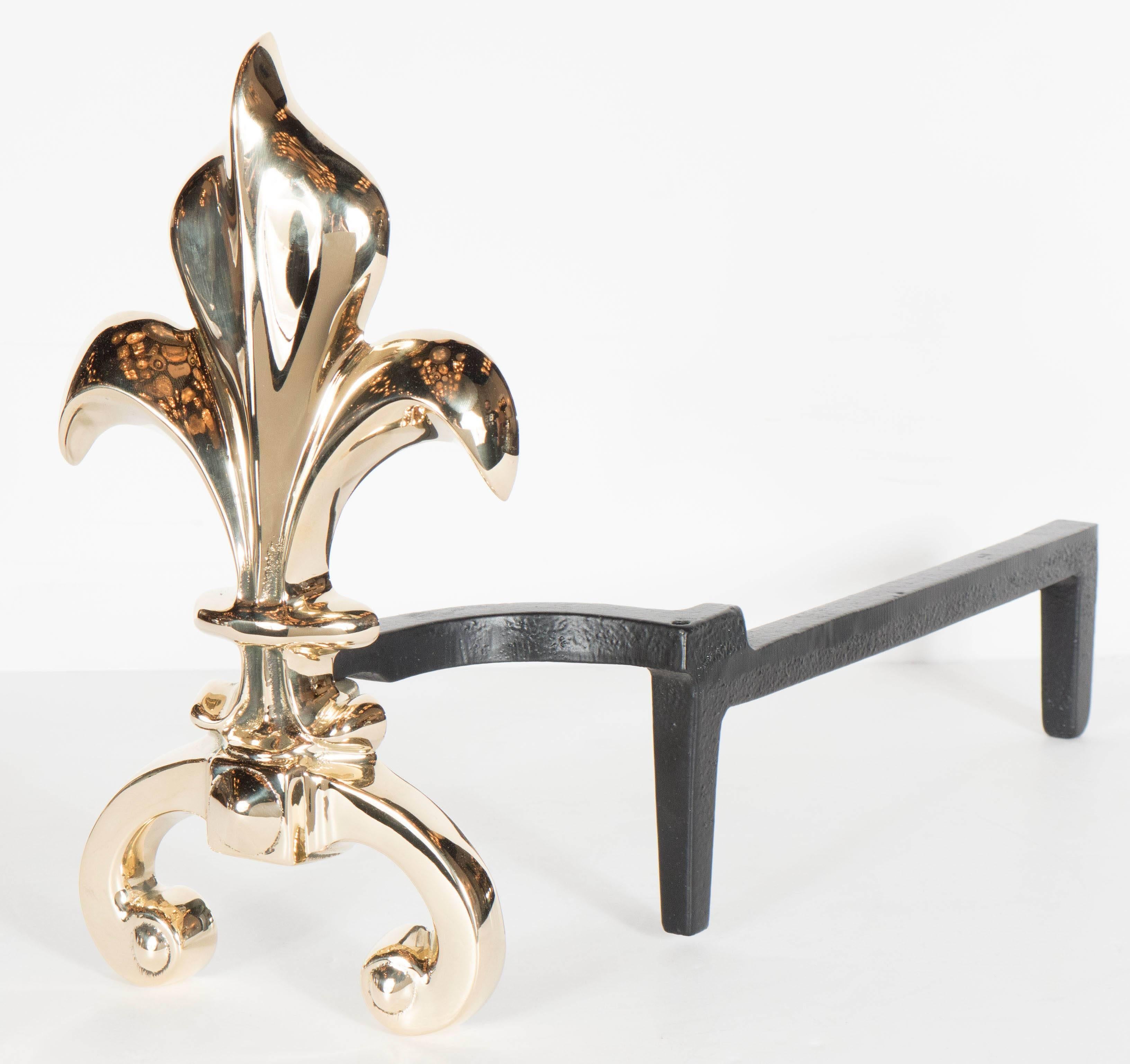 American Pair of Custom Fleur-de-Lis Andirons in Polished Brass