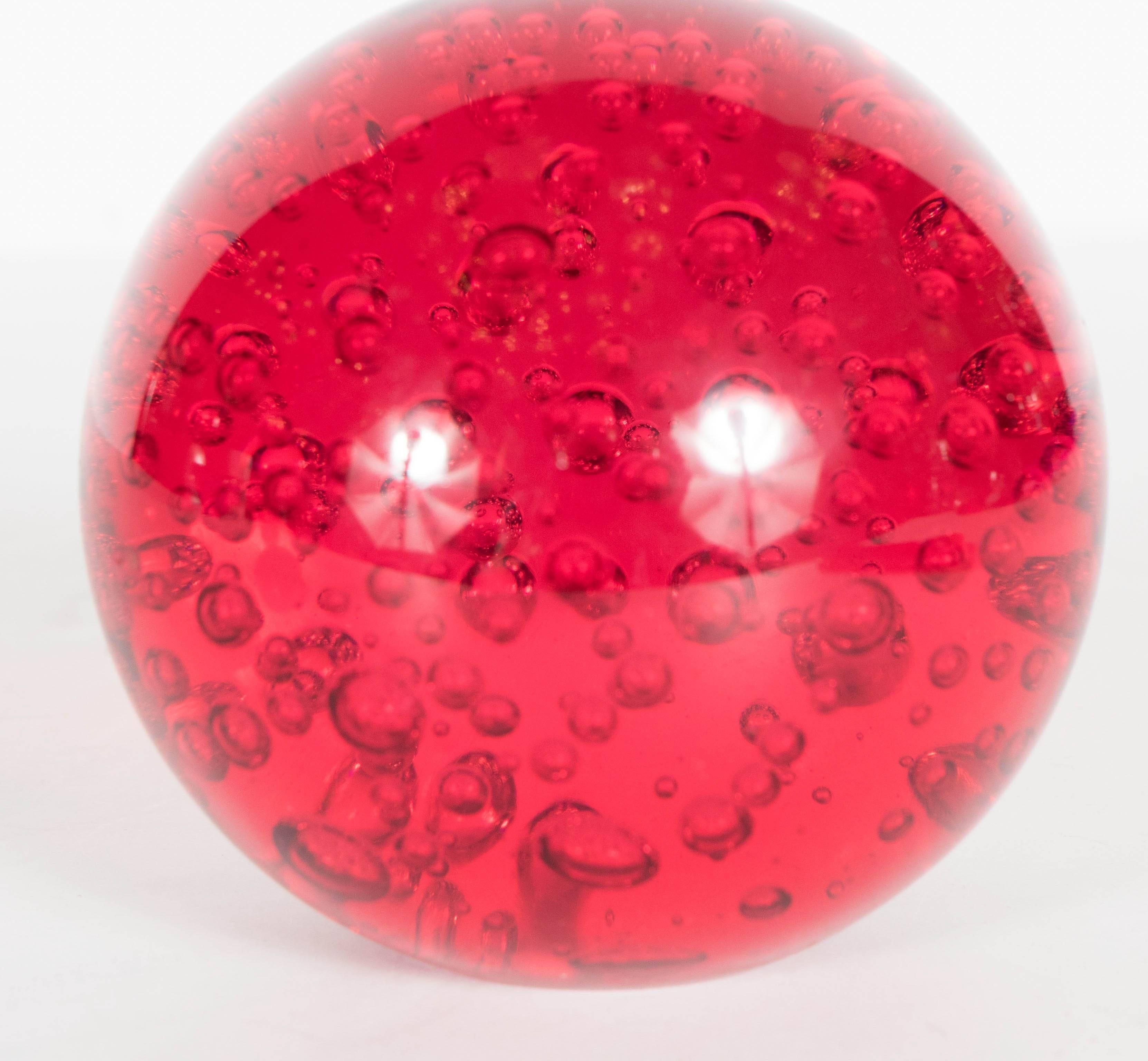 Mid-Century Modernist Ruby Red Paperweight with Glass Bubbles In Excellent Condition In New York, NY
