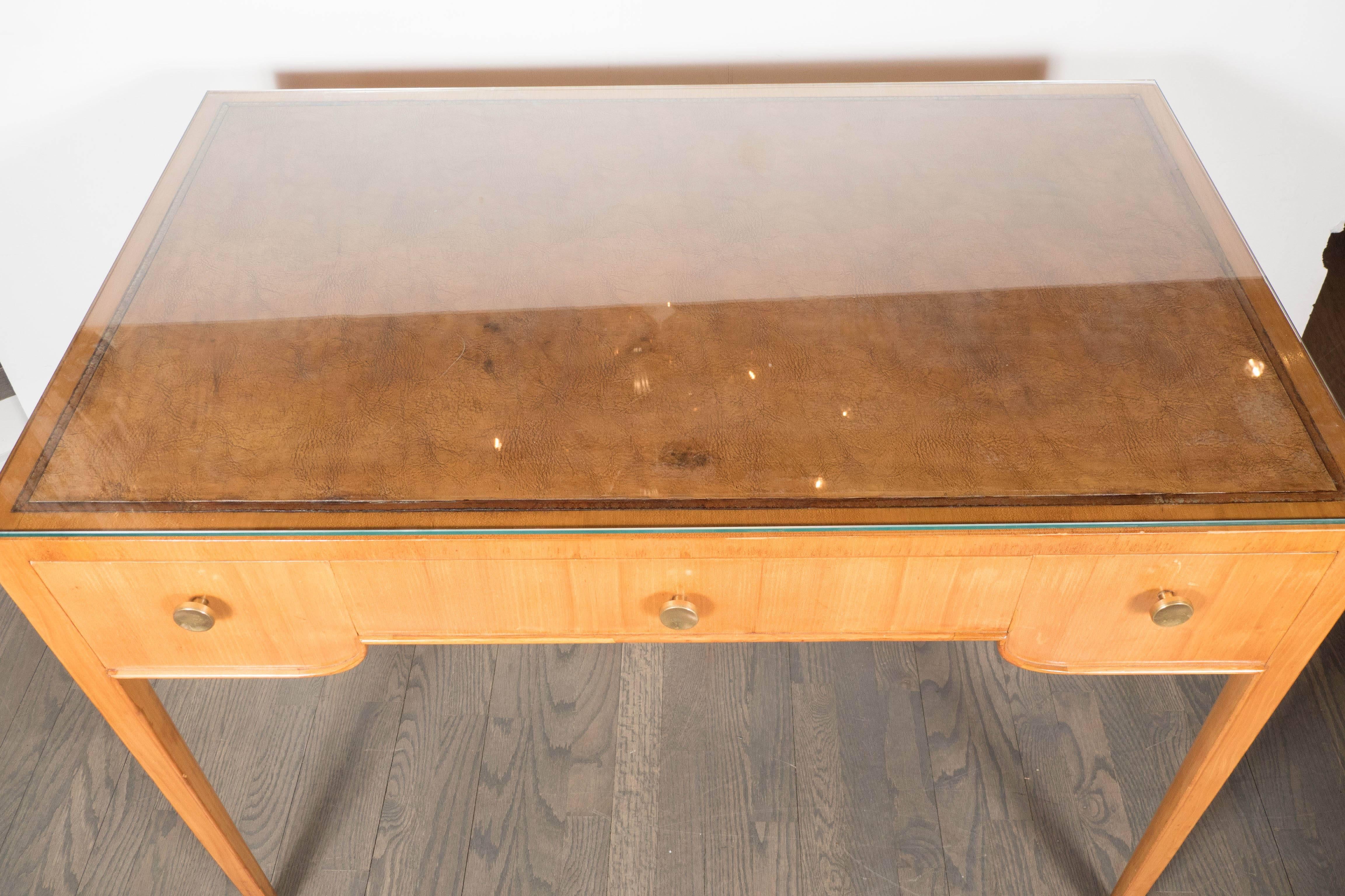 Art Deco Writing Desk in Sycamore with Inset Leather Desktop and Brass Pulls In Excellent Condition In New York, NY