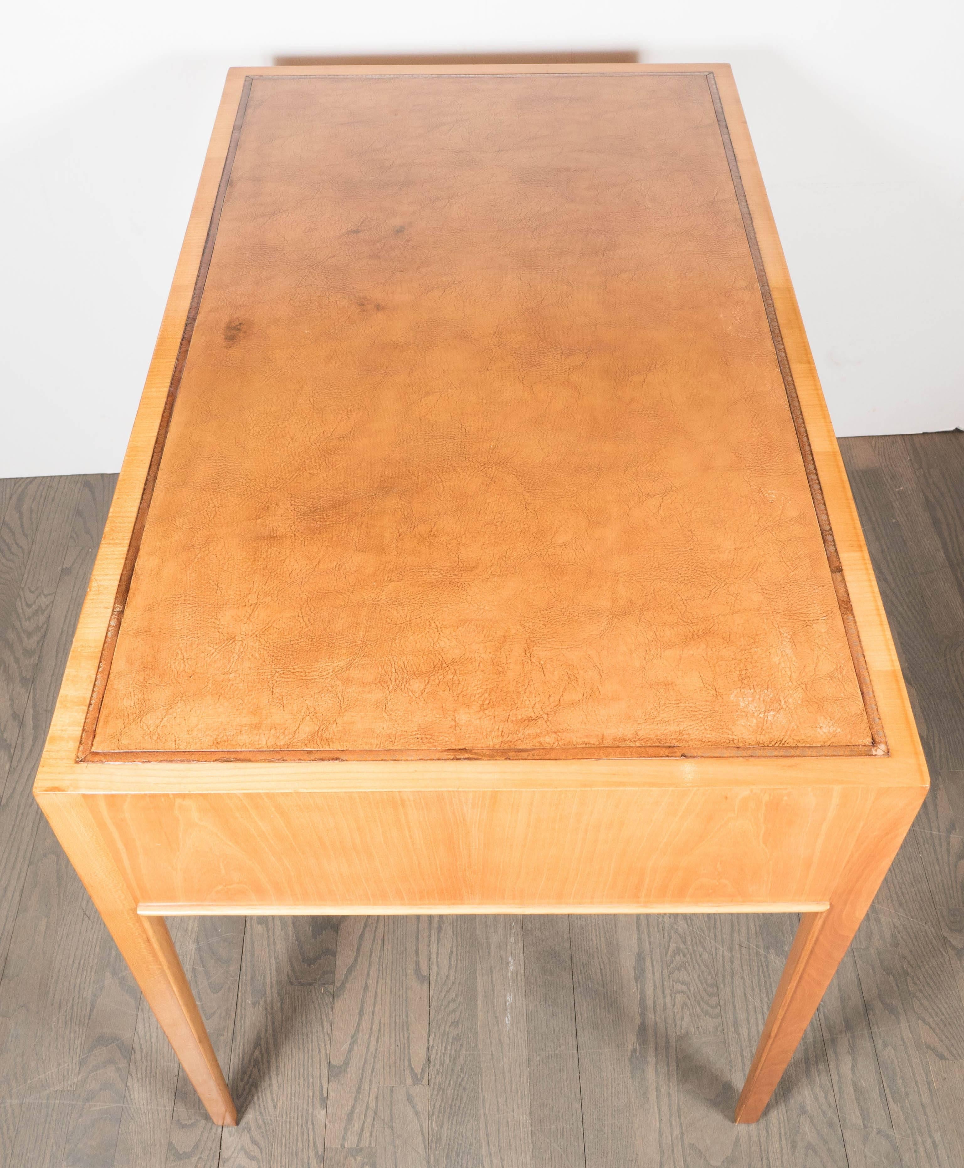 Art Deco Writing Desk in Sycamore with Inset Leather Desktop and Brass Pulls 1