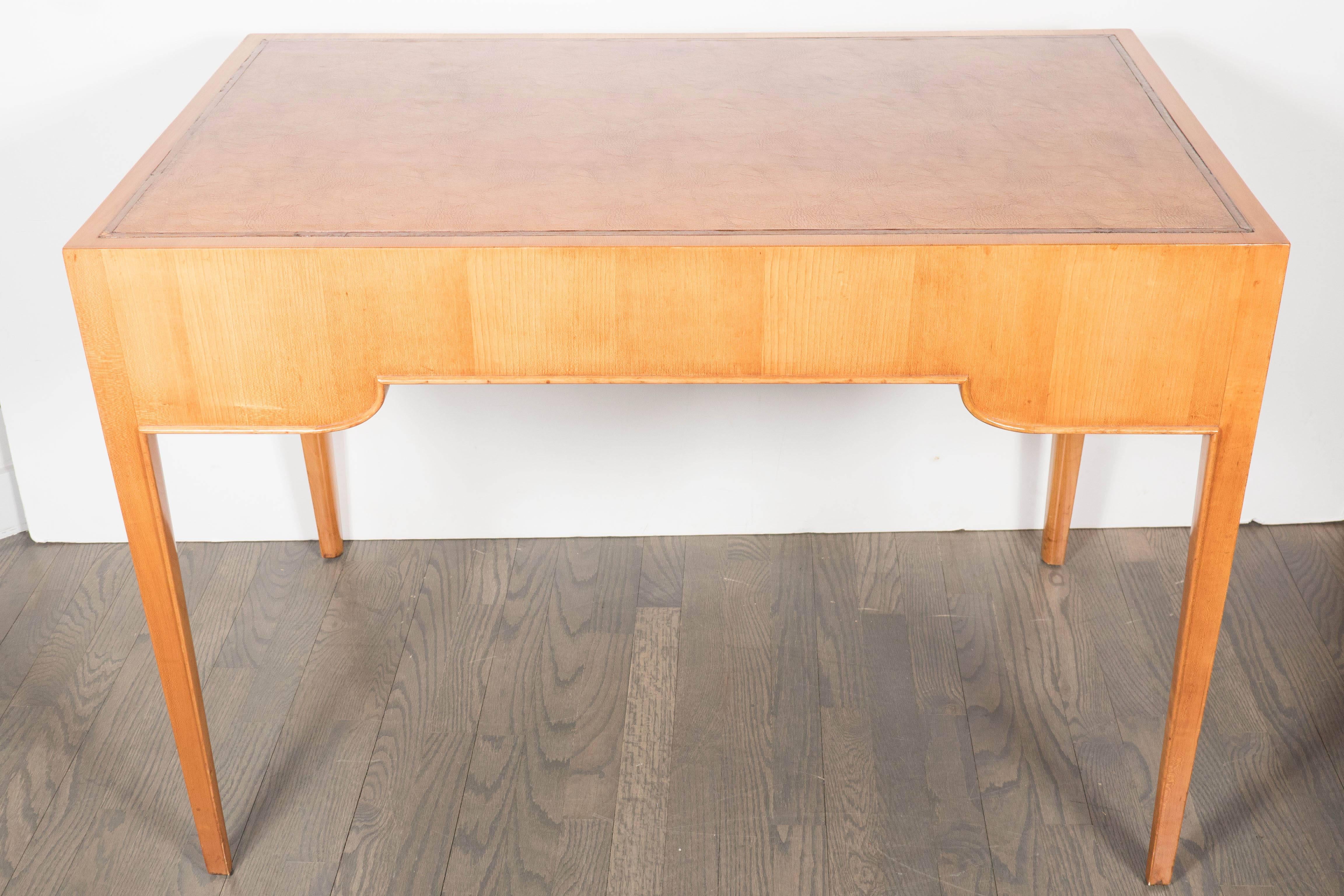 Art Deco Writing Desk in Sycamore with Inset Leather Desktop and Brass Pulls 4