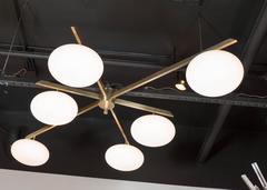 Modernist Brass and Frosted Glass Six-Arm Globe Chandelier, Manner of Arredoluce