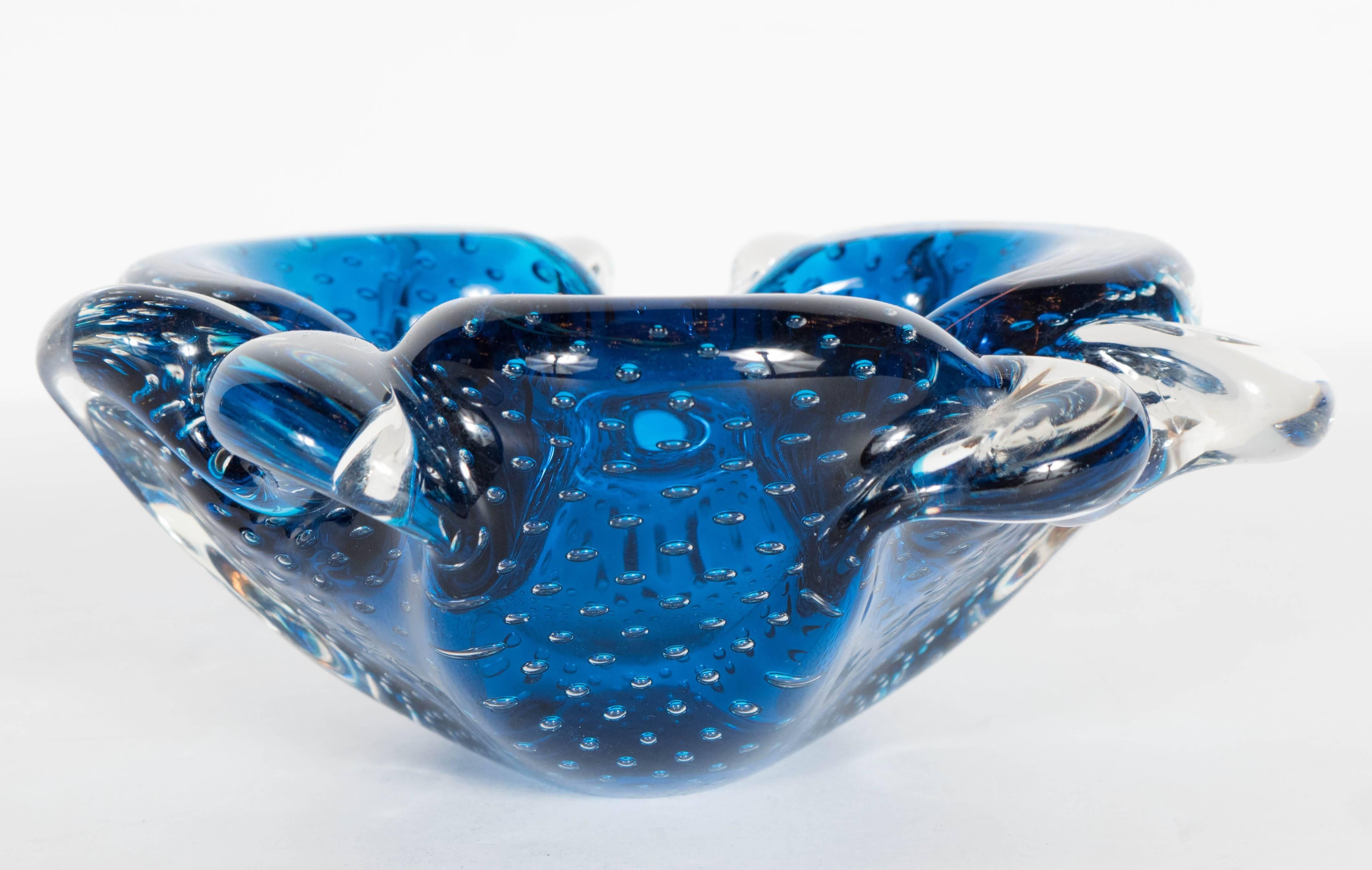 Mid-Century Modern Gorgeous Sapphire-Blue and Clear Murano Glass Bowl or Ashtray