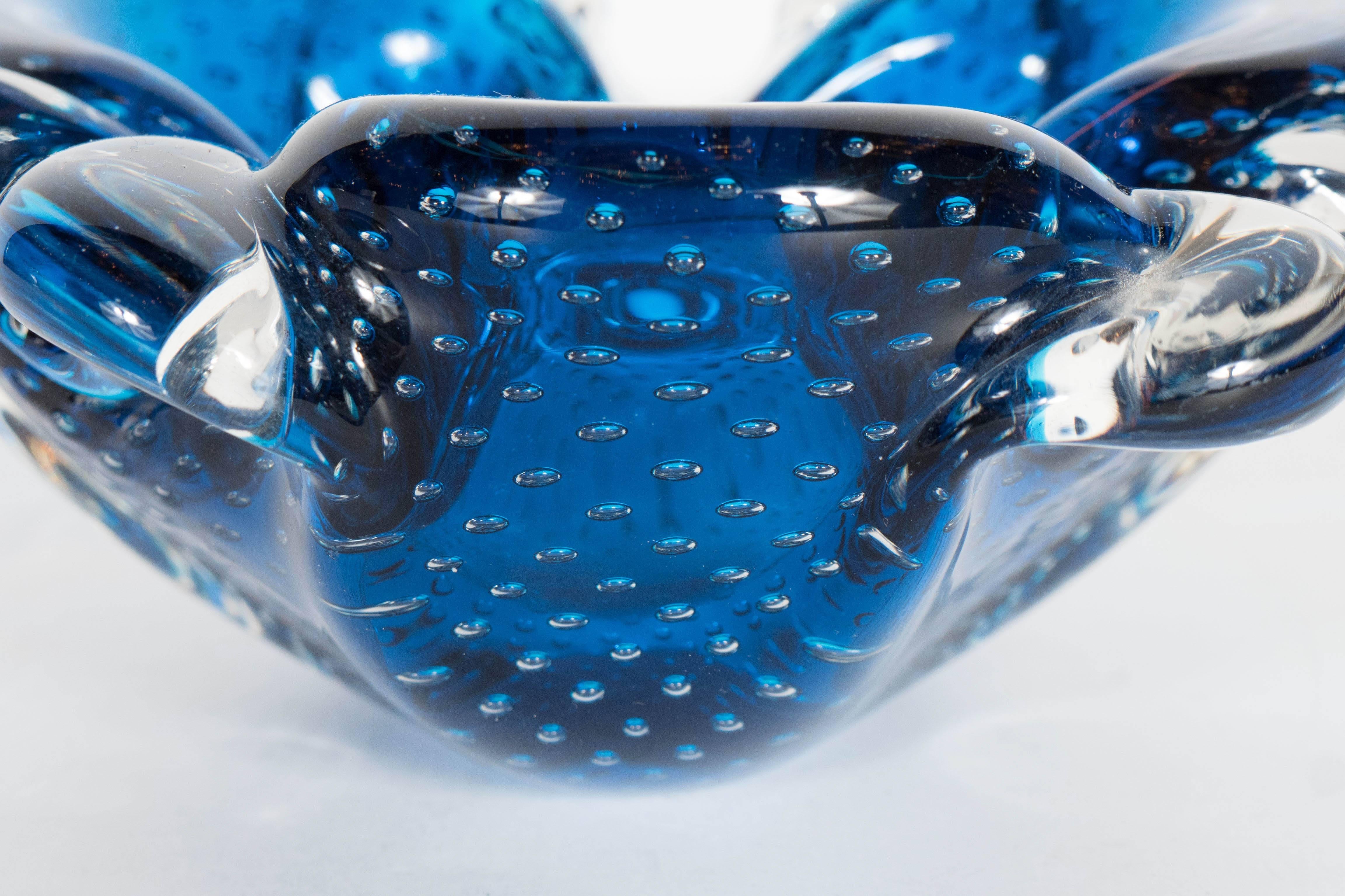 Italian Gorgeous Sapphire-Blue and Clear Murano Glass Bowl or Ashtray