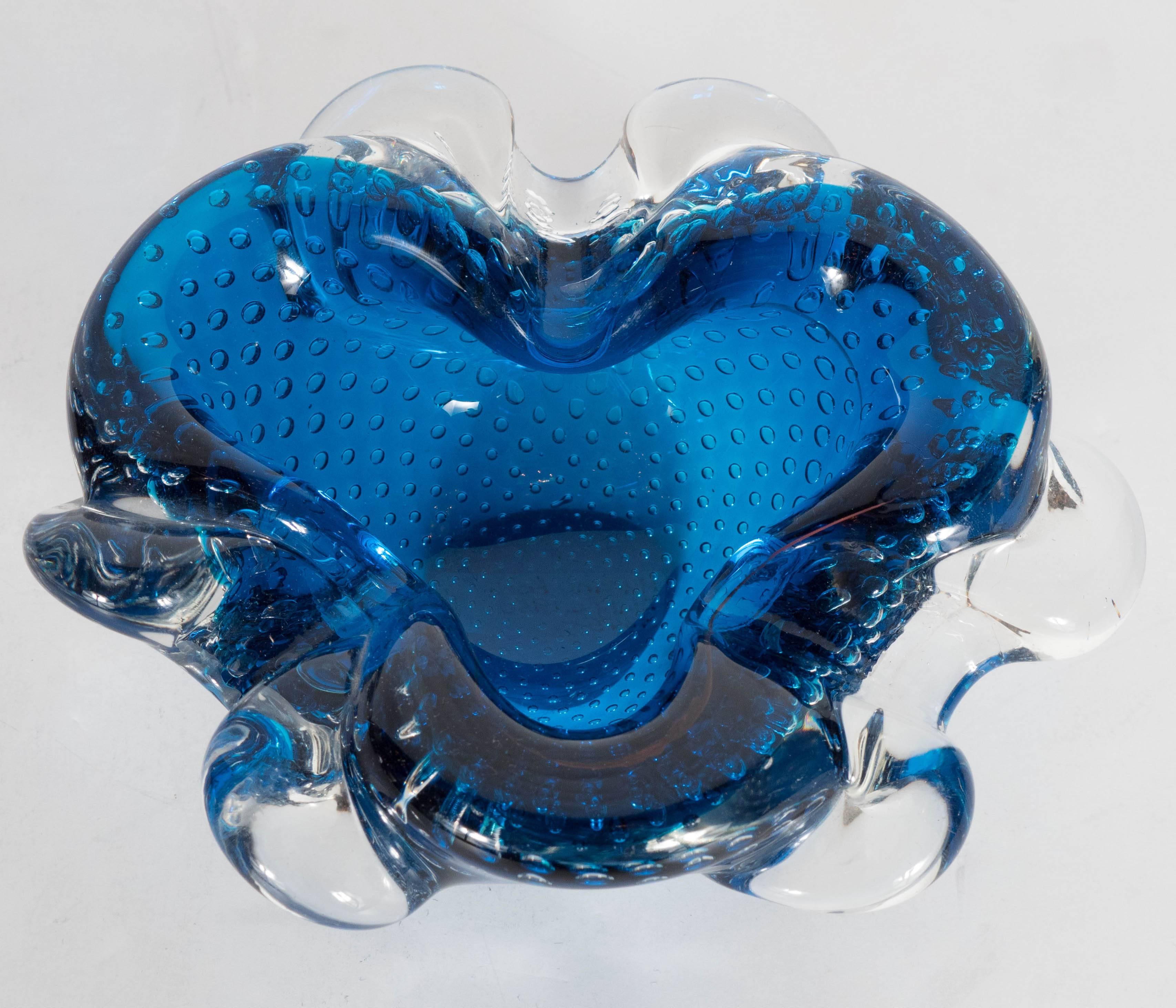 Gorgeous Sapphire-Blue and Clear Murano Glass Bowl or Ashtray In Excellent Condition In New York, NY