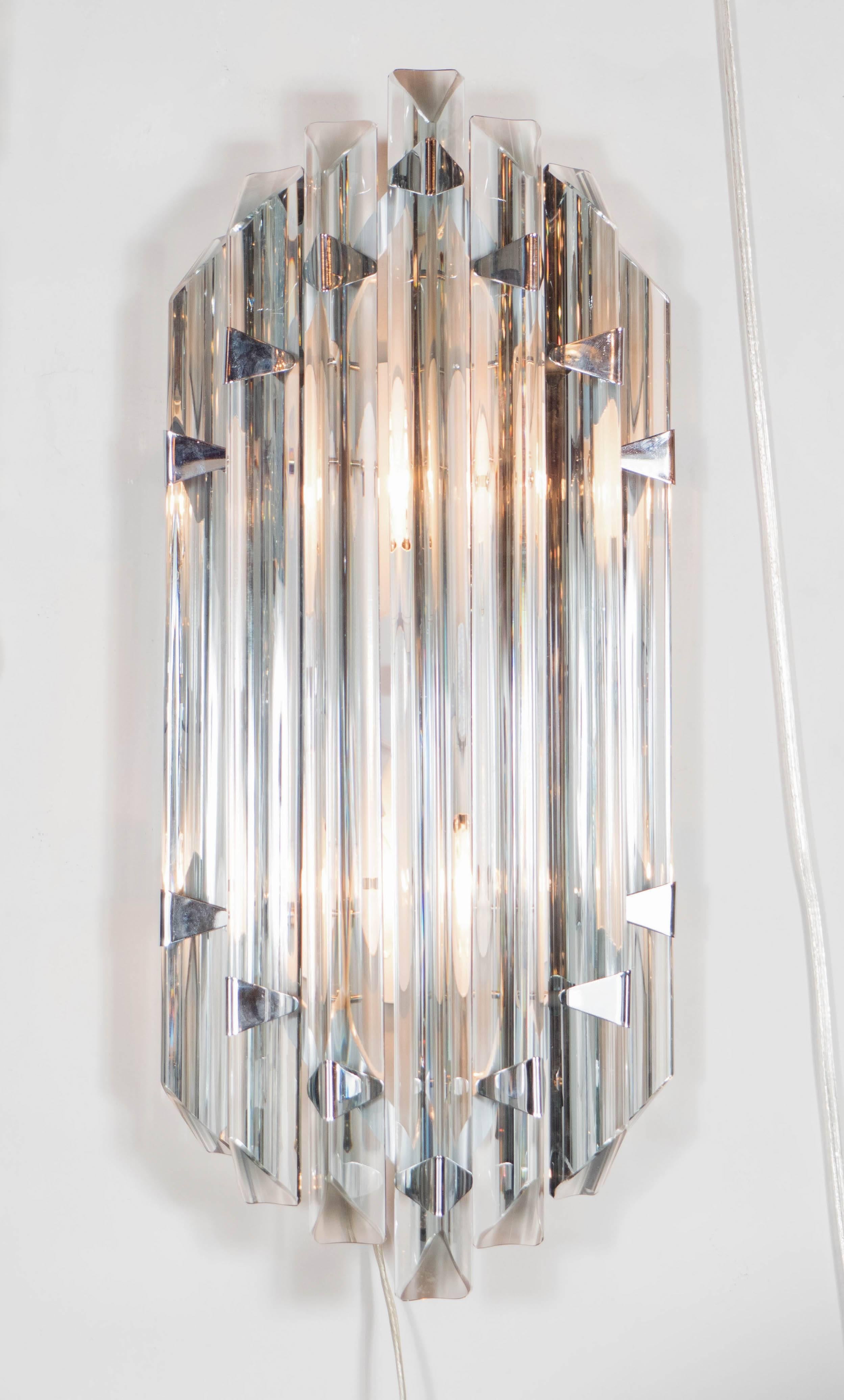 Italian Pair of Mid-Century Modernist Sconces in Smoked Murano Glass with Nickel