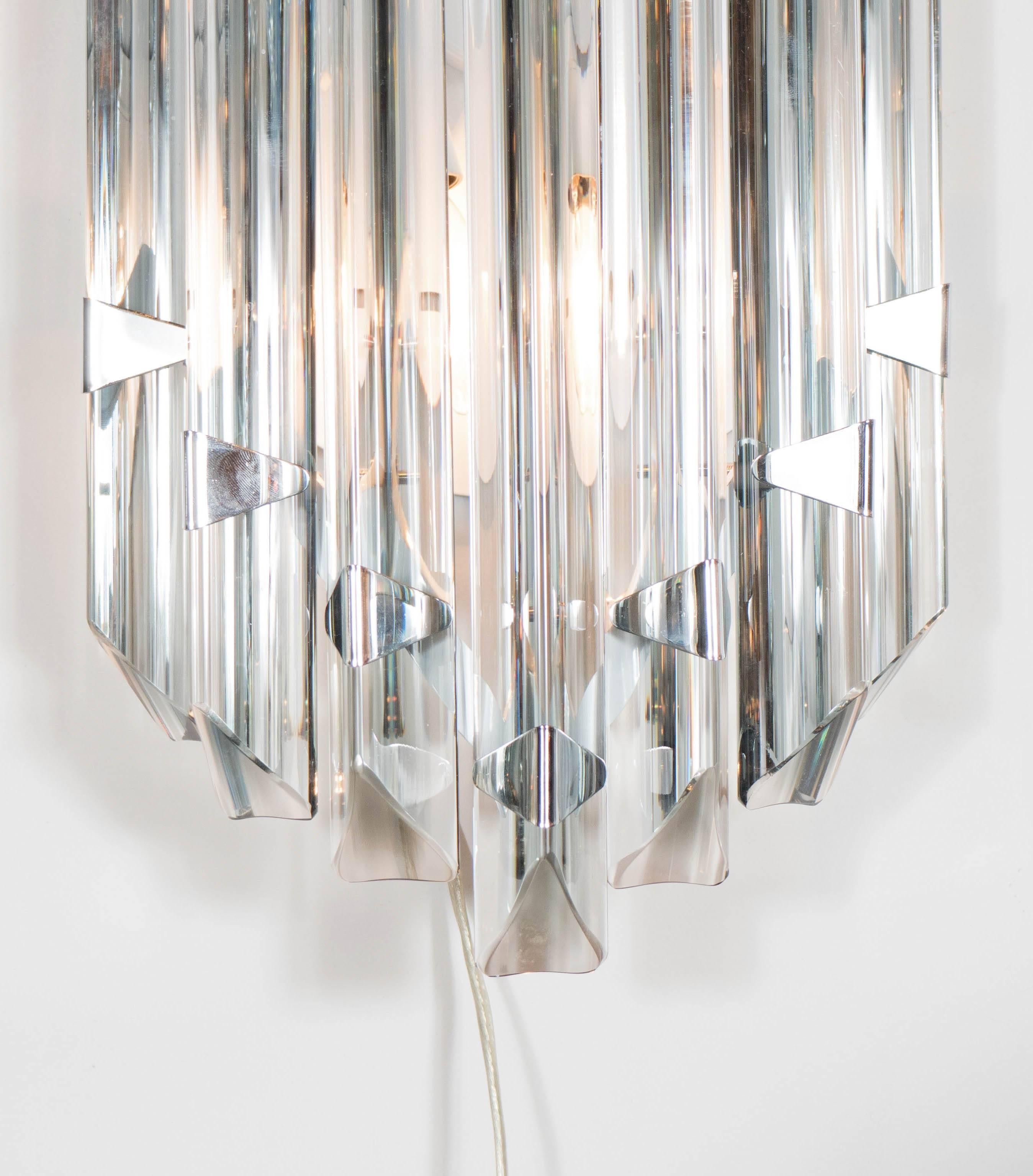Polished Pair of Mid-Century Modernist Sconces in Smoked Murano Glass with Nickel