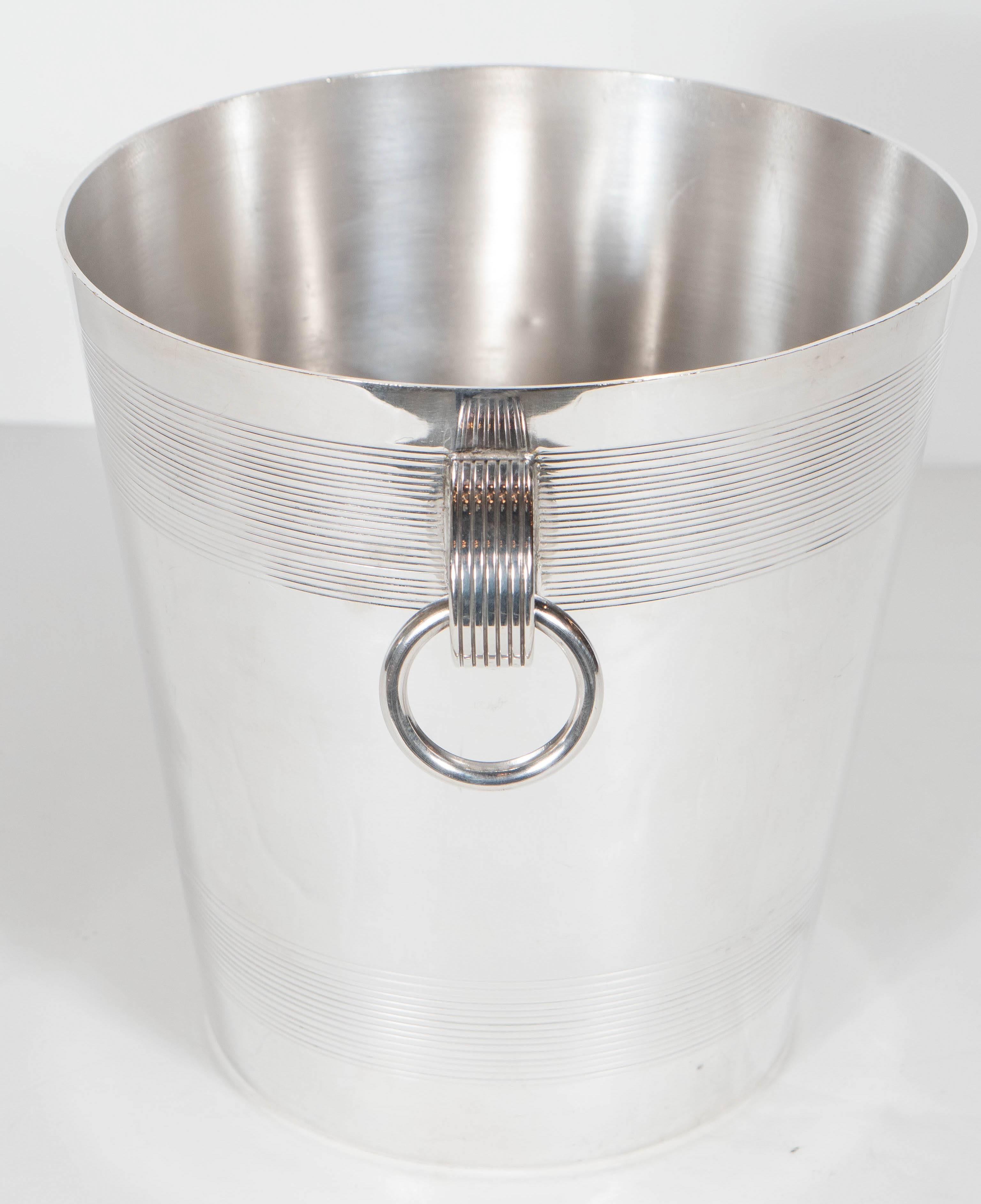 Silver Plate Handsome English Art Deco Silver-Plate Ice Bucket with Stylized Ring Handles