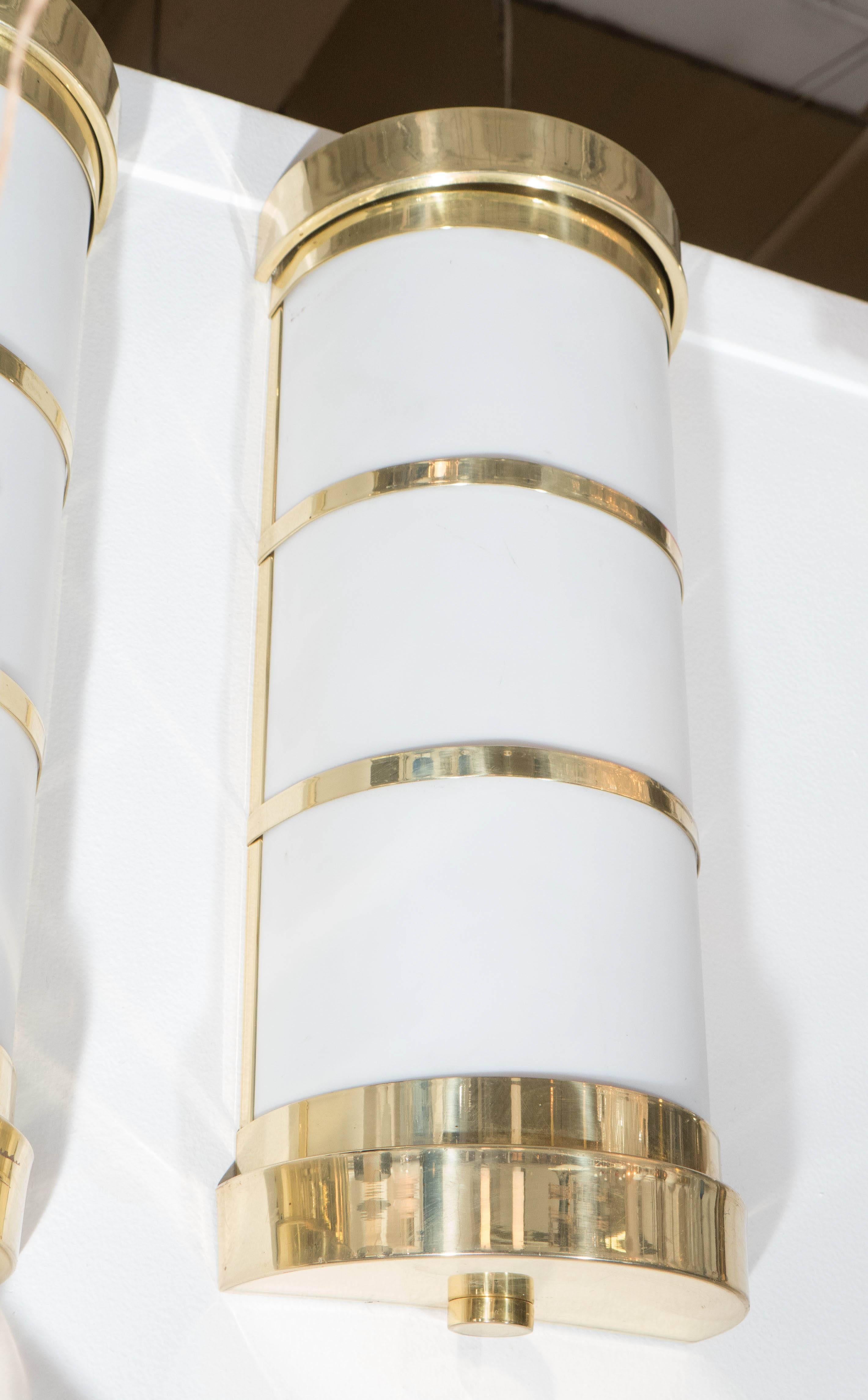 20th Century Pair of Cylindrical Wall Sconces in Frosted Acrylic and Brass For Sale
