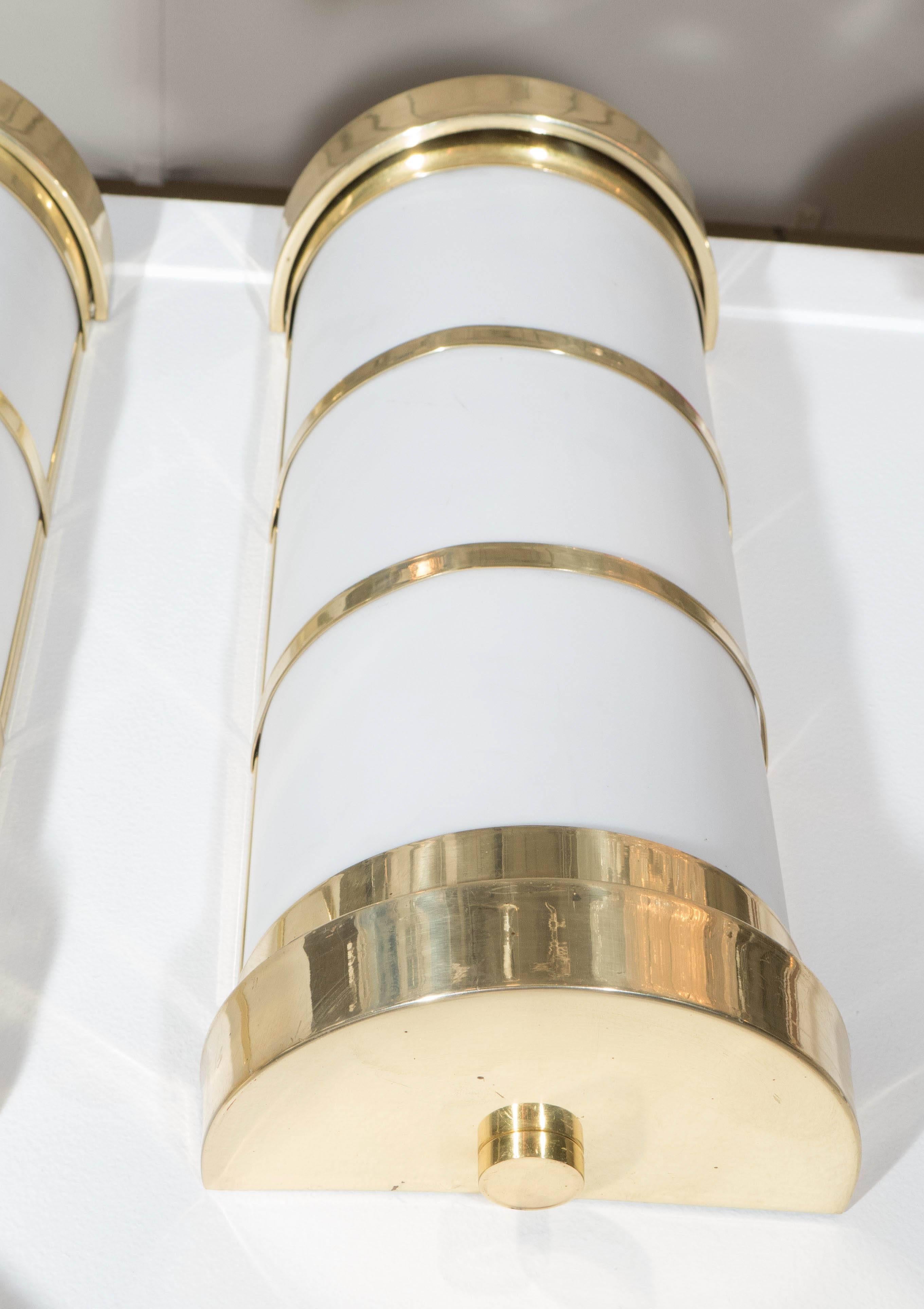Pair of Cylindrical Wall Sconces in Frosted Acrylic and Brass For Sale 1