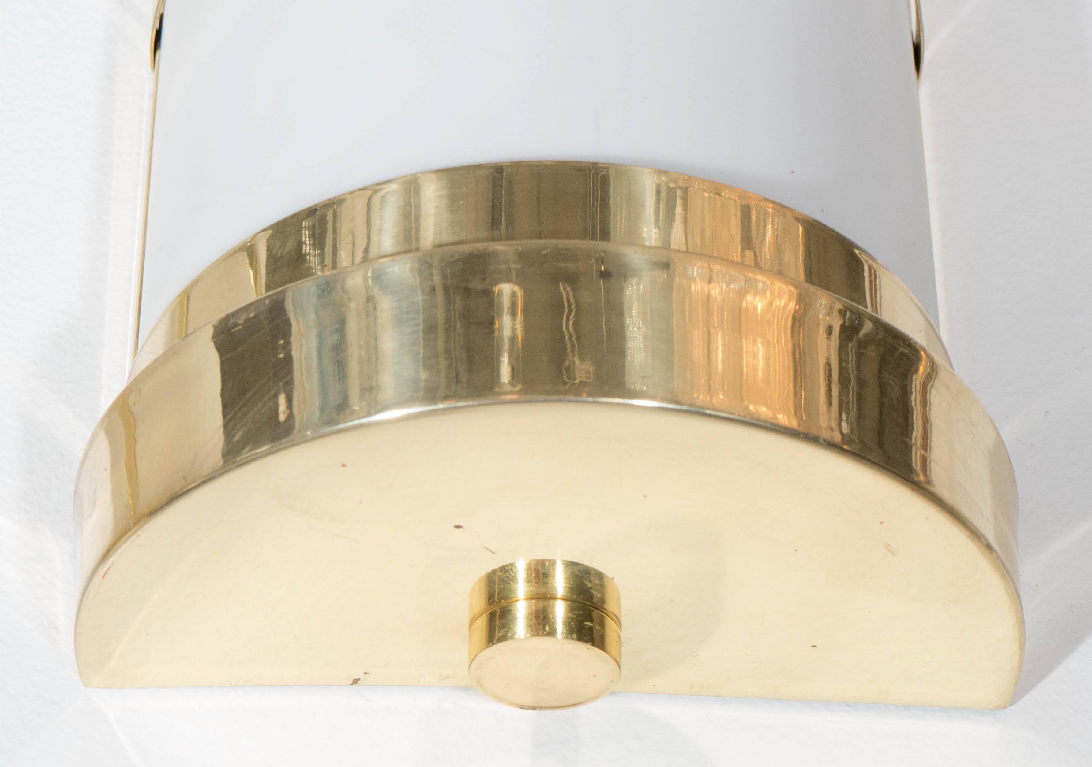 Pair of Cylindrical Wall Sconces in Frosted Acrylic and Brass For Sale 2