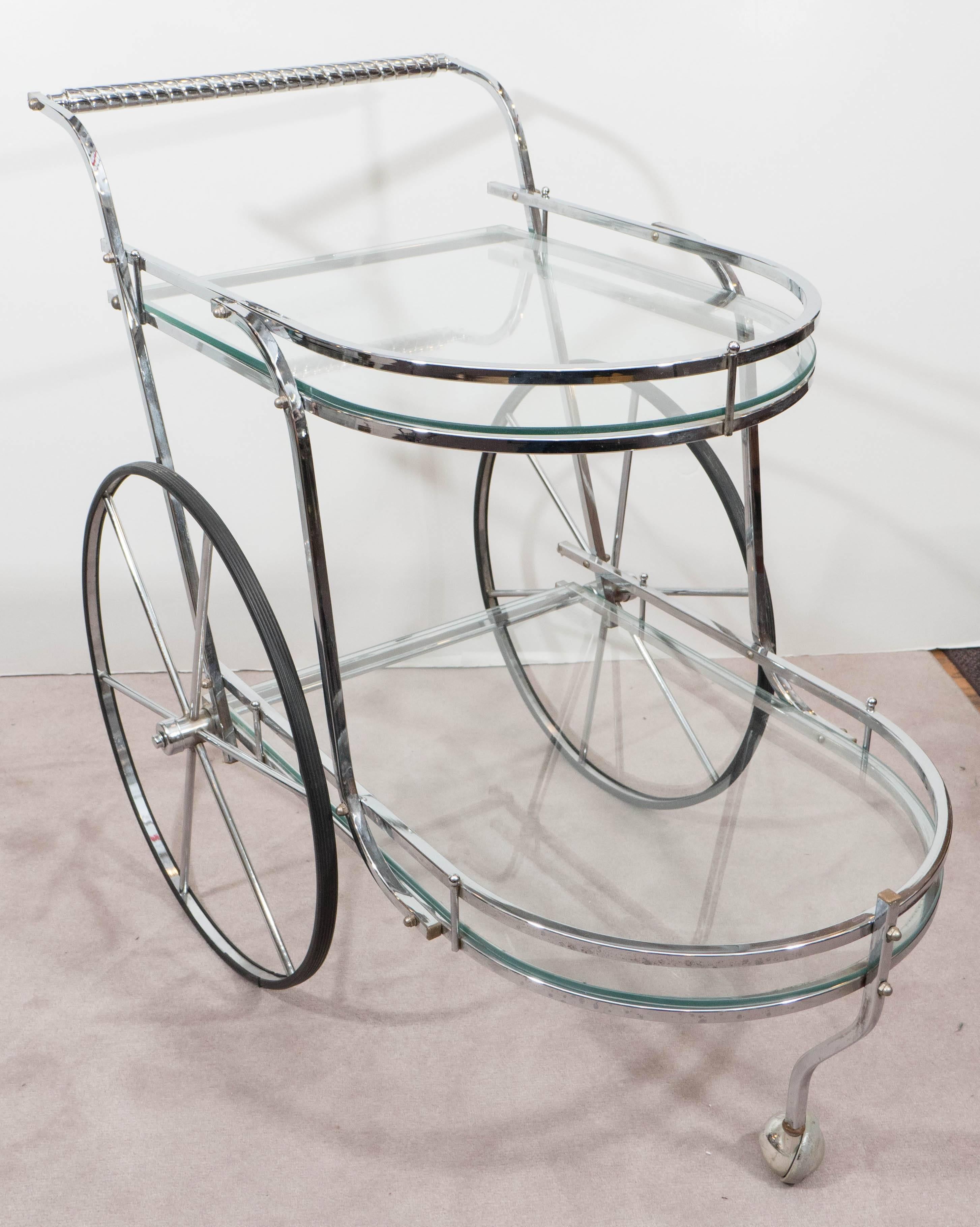 Polished Midcentury Two-Tier Bar Cart in Chrome and Glass