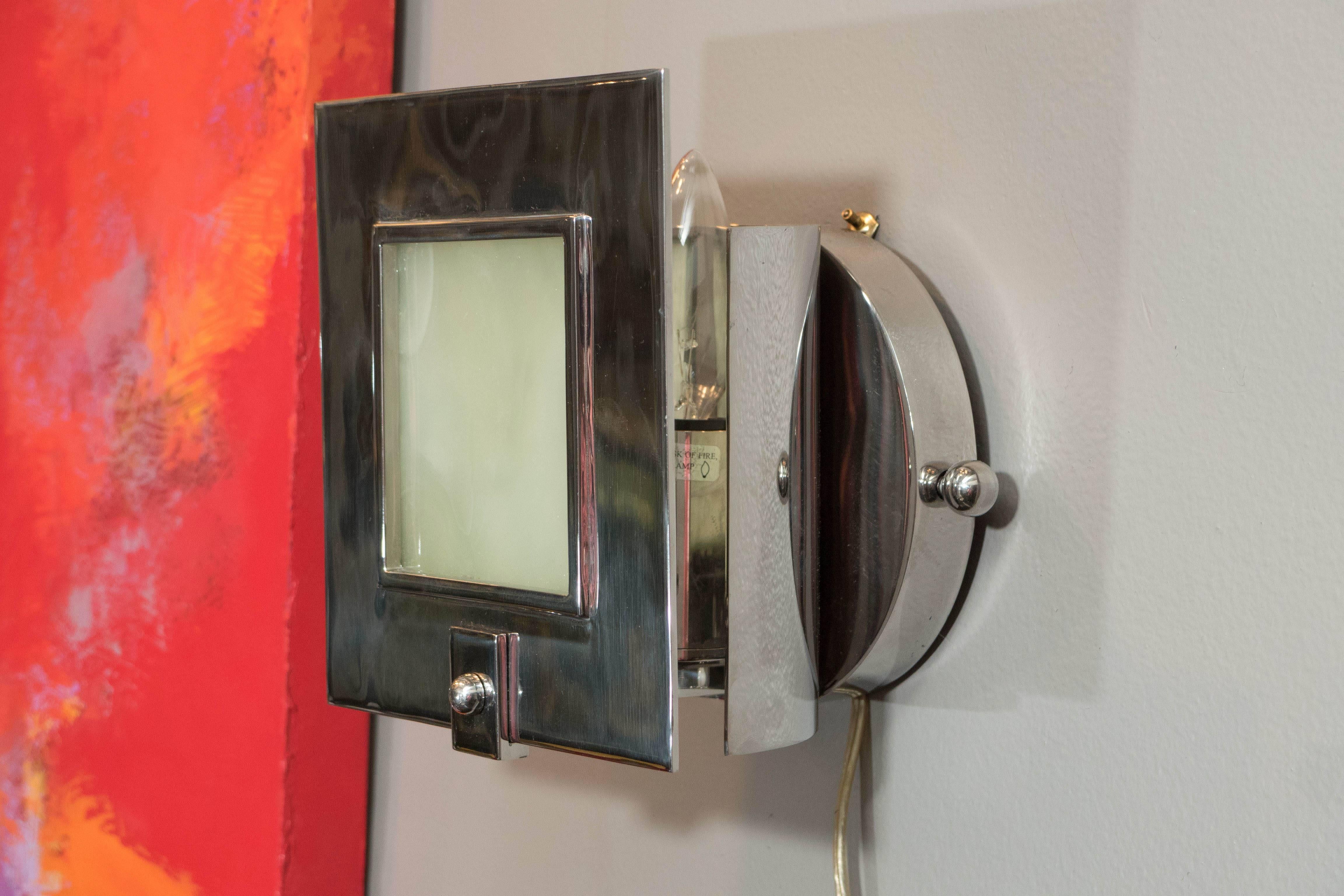Modern Pair of Contemporary Chrome and Glass Square Sconces by Theodore Alexander