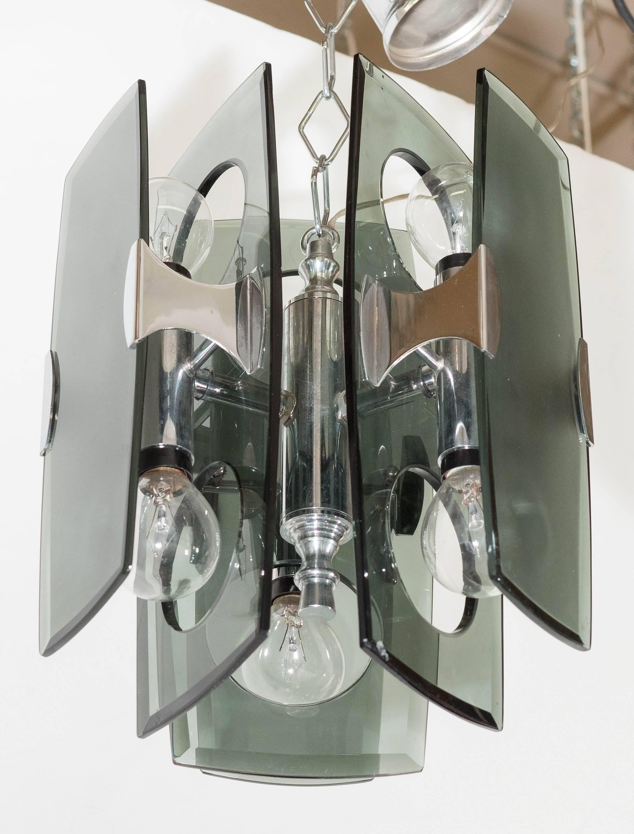 Mid-Century Modern Italian Chrome & Gray Smoked Glass Pendant by Veca