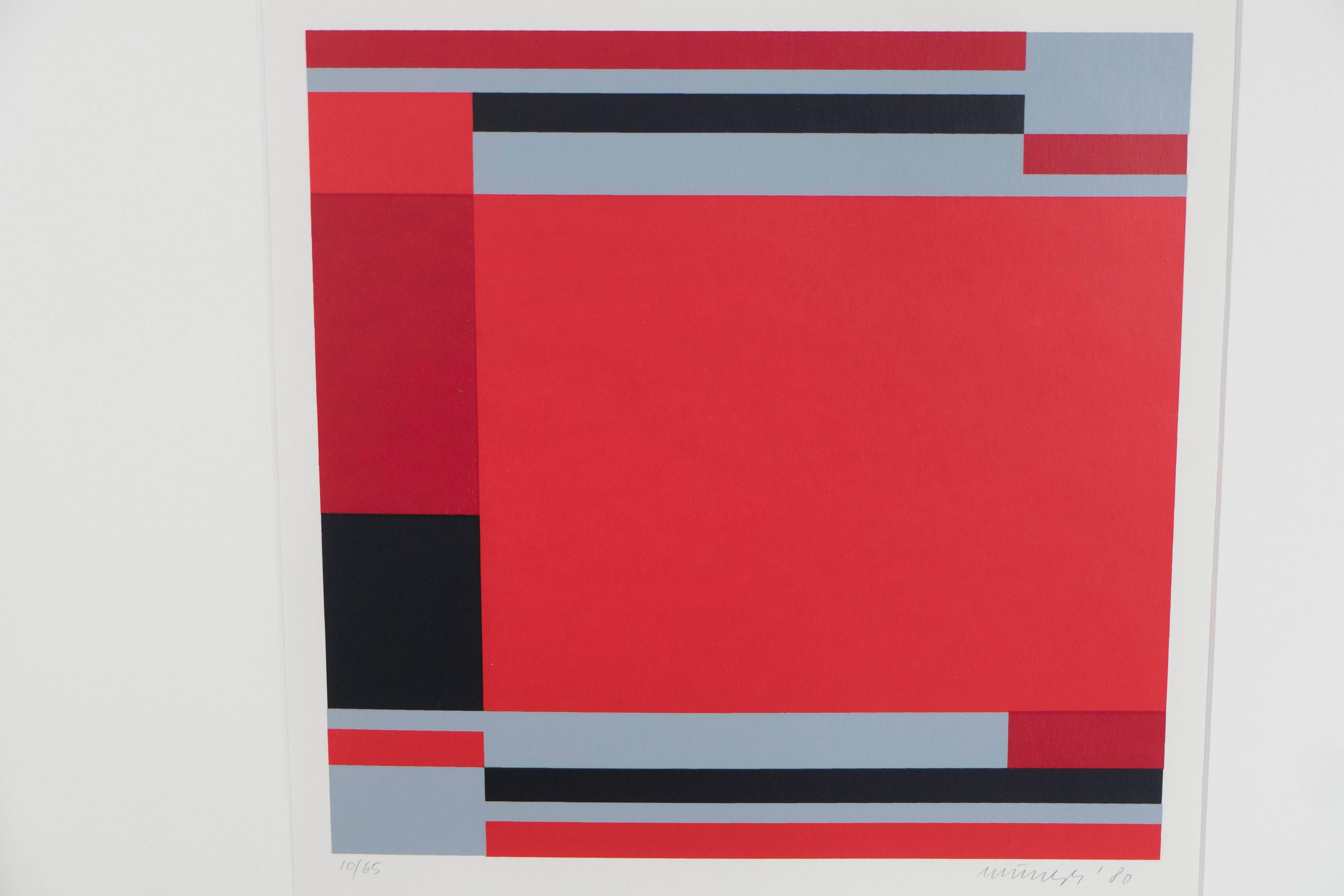 This 1980 color field silk-screen-print by German born artist Jo Niemeyer (b. 1946), depicts abstract geometric forms in tones of red, grey and black. Markings include signature and date ['80] to the lower right corner in pencil, No. 10/65 to the