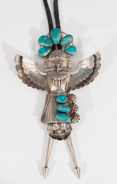 Huge Native American Silver Kachina Bolo Tie with Turquoise and Coral ...