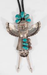 Huge Native American Silver Kachina Bolo Tie with Turquoise and Coral