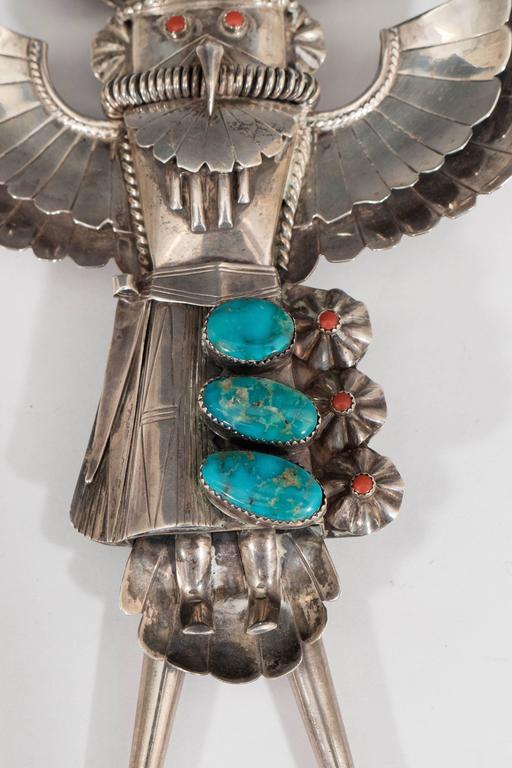Huge Native American Silver Kachina Bolo Tie with Turquoise and Coral ...