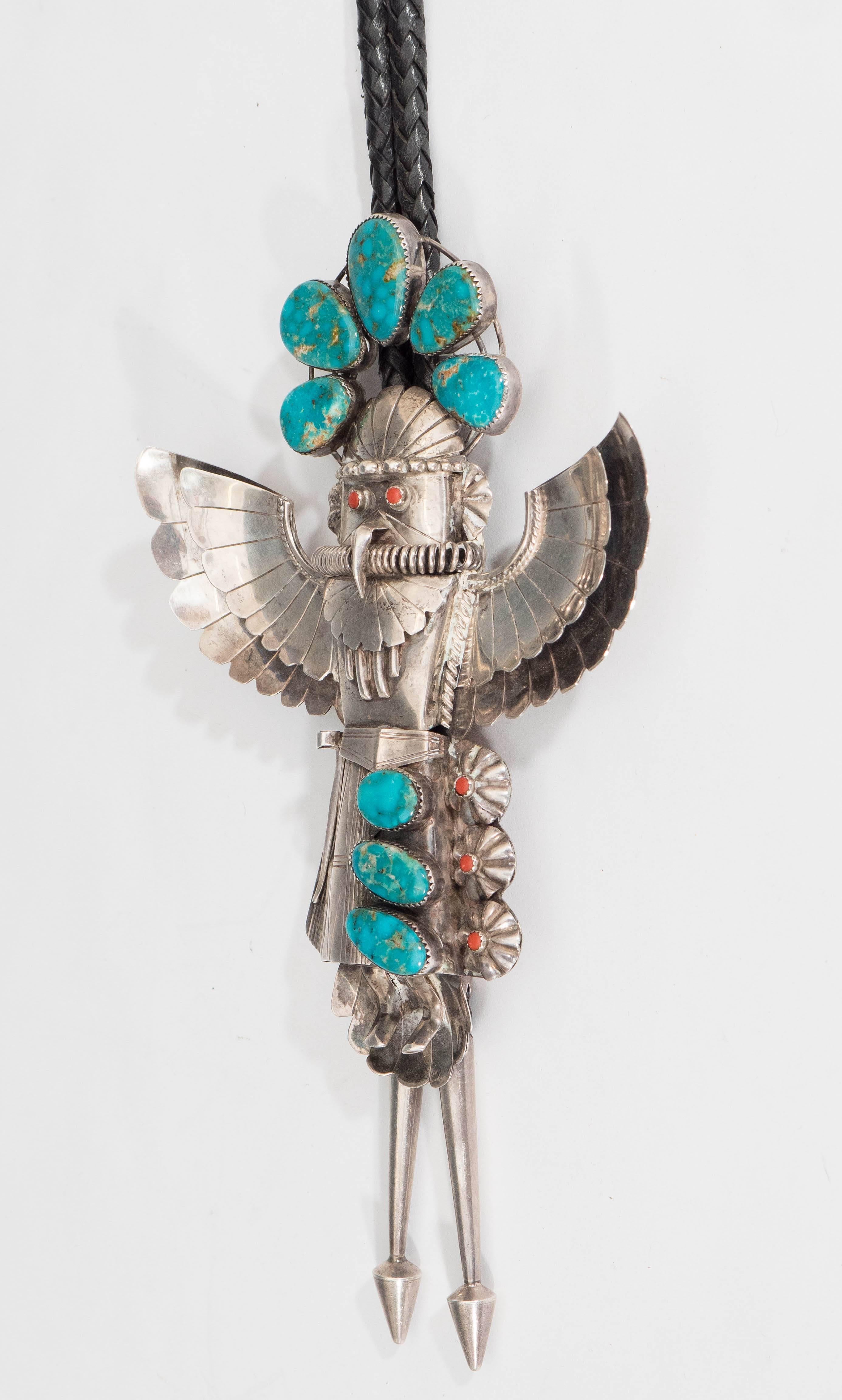 Huge Native American Silver Kachina Bolo Tie with Turquoise and Coral In Excellent Condition In New York, NY