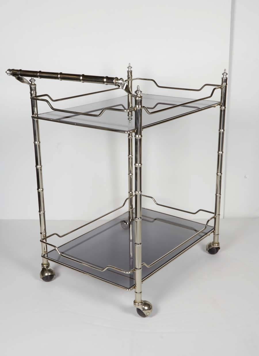Smoked Glass Hollywood Regency Bar Cart with Bamboo Motif in the Style of Maison Baguès