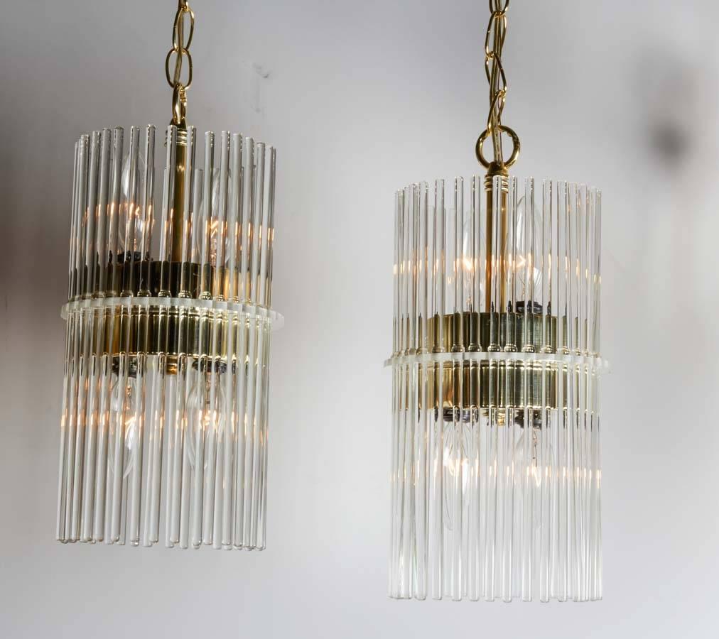 Pair of Mid-Century Modern Glass Rod Pendant Chandeliers by Lightolier In Excellent Condition In Fort Lauderdale, FL