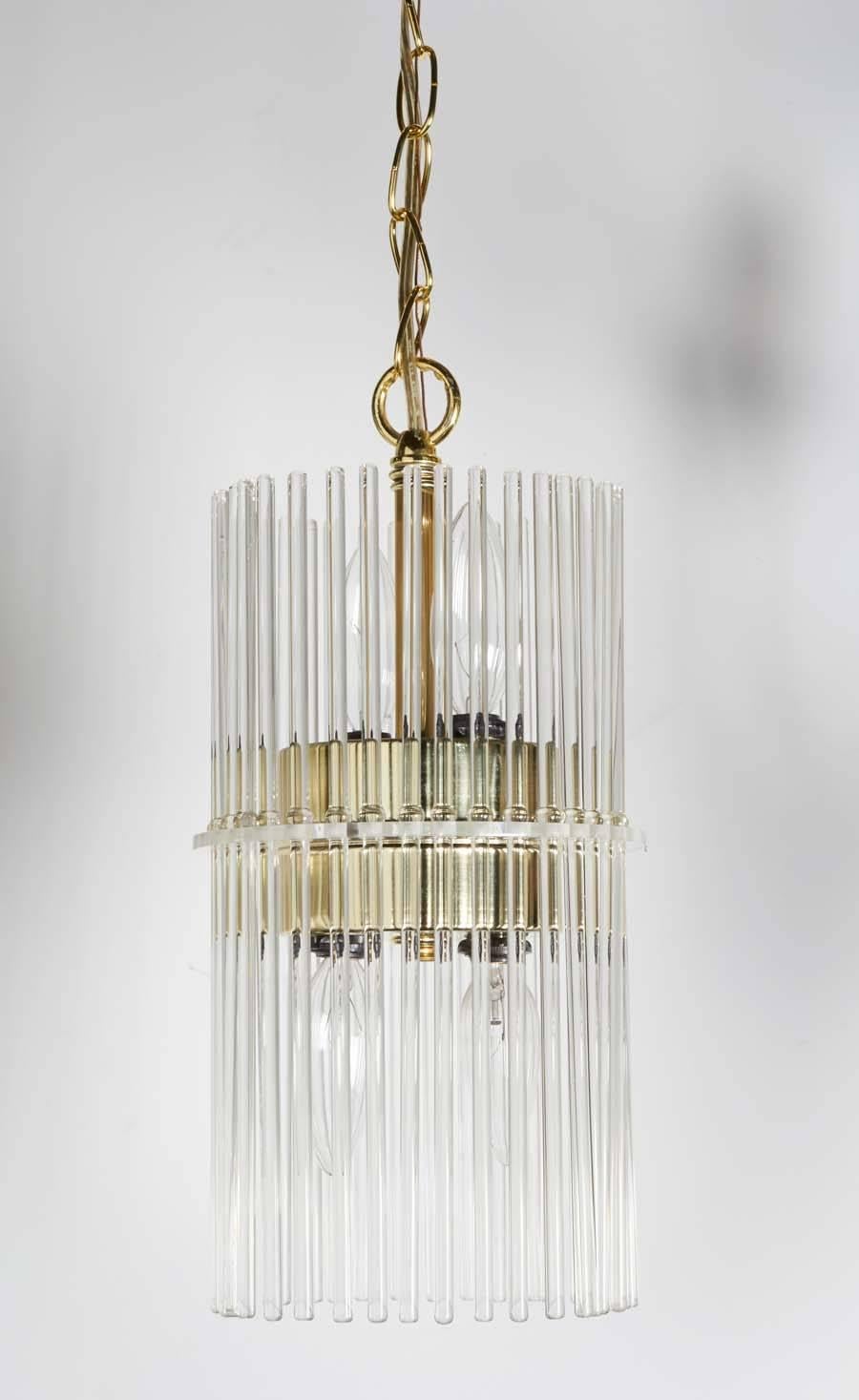 Brass Pair of Mid-Century Modern Glass Rod Pendant Chandeliers by Lightolier