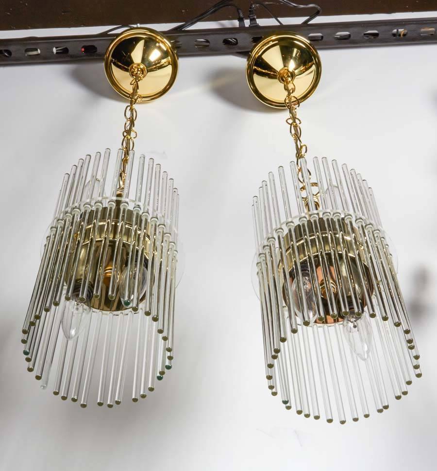 Pair of MidCentury Modern Glass Rod Pendant Chandeliers by Lightolier at 1stdibs