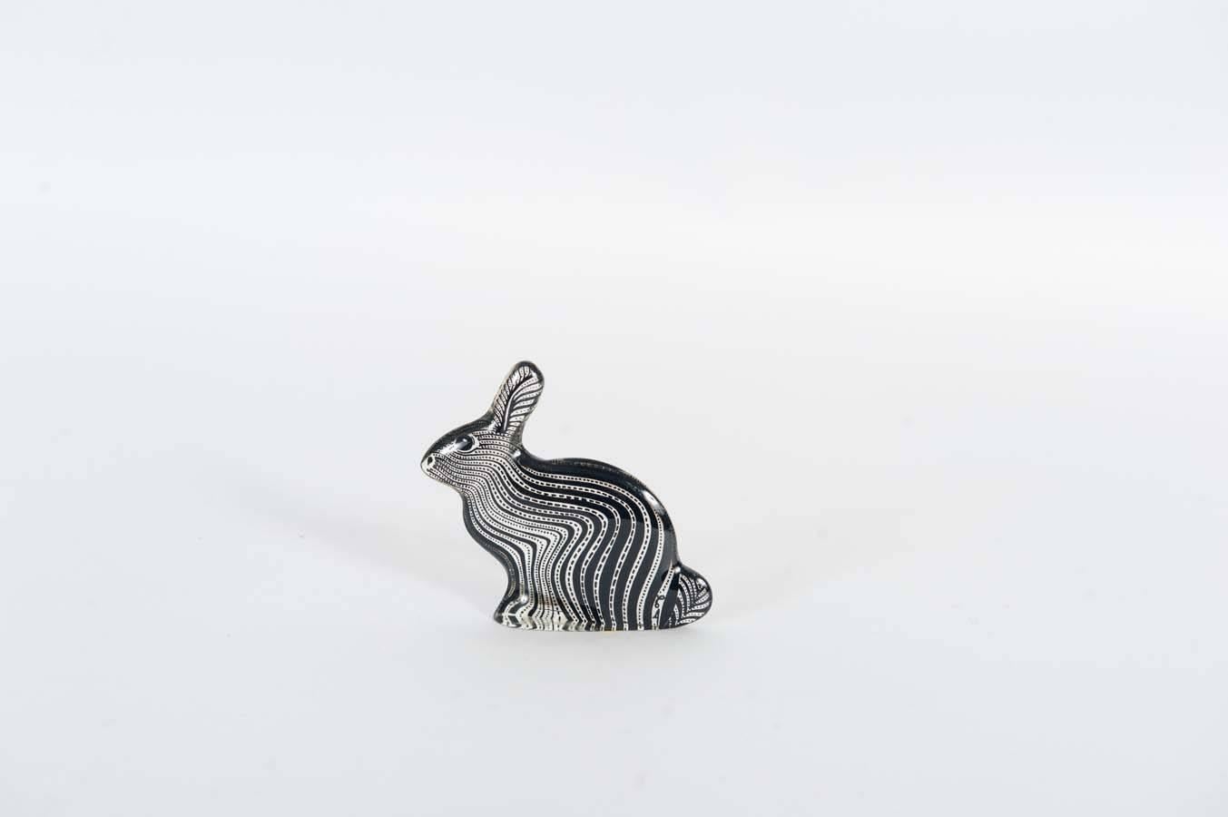 Those two cute Rodents are made of Lucite by Abraham Palatnik. There have a black and transparent pattern.
The rabbit measures 7 cm in height, 9 cm in length and 1.5 cm in depth.
The hare measures 7.5 cm in height, 8.5 cm in length and 1.5 cm in