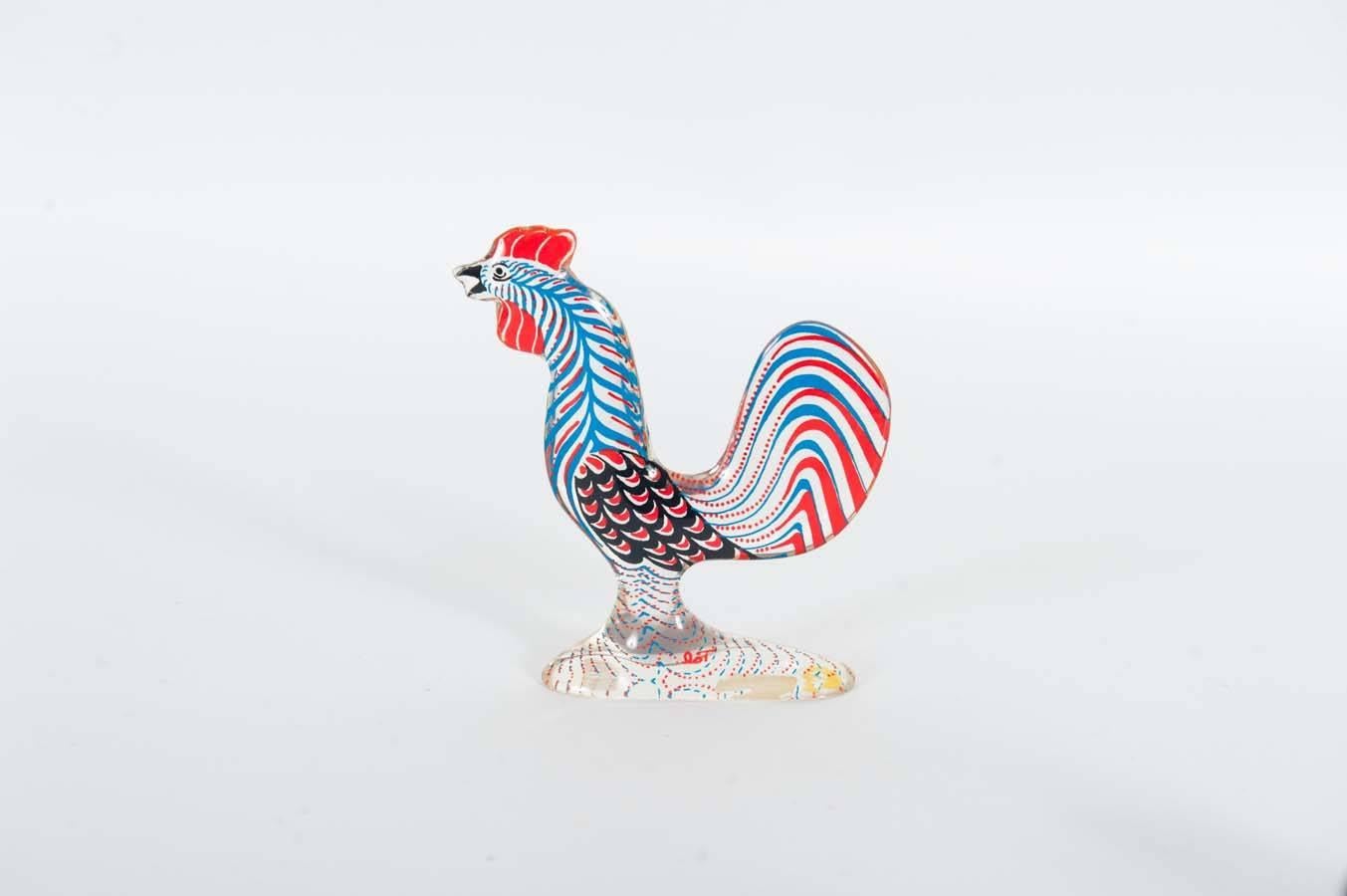 A rooster, a chicken and a chick by Abraham Palatnik.

Measurements:
Rooster 11.5 cm (h) x 11 cm (w) x 2.5 cm (d).
Chicken 6.5 cm x 9 cm x 1.5 cm.
Chick 7.5 cm x 7.5 cm x 1 cm.

The Brazilian artist Abraham Palatnik (1928) was the founder of