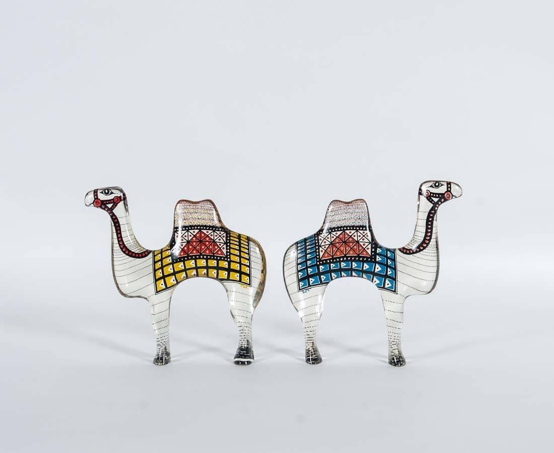 Gorgeous set of two camels, one with a yellow cover, the other with a blue cover.

The Brazilian artist Abraham Palatnik (1928) was the founder of the technological movement in Brazilian art and a Pioneer in making Kinetic sculptures. In the late
