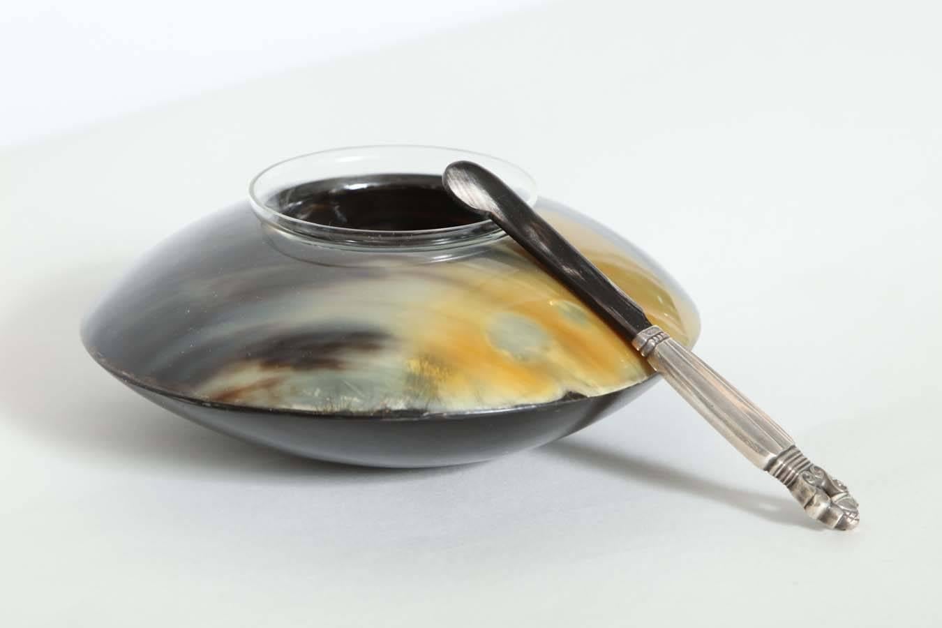 A wonderful caviar server with glass insert and Jensen Acorn pattern sterling caviar knife with Horn blade (5.75