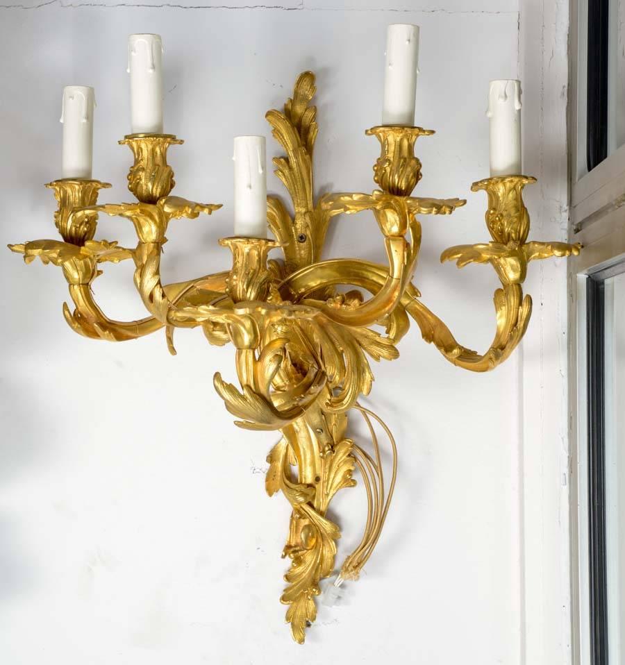 Pair of impressive wall light, golden bronze, Louis XV style five arms of light.