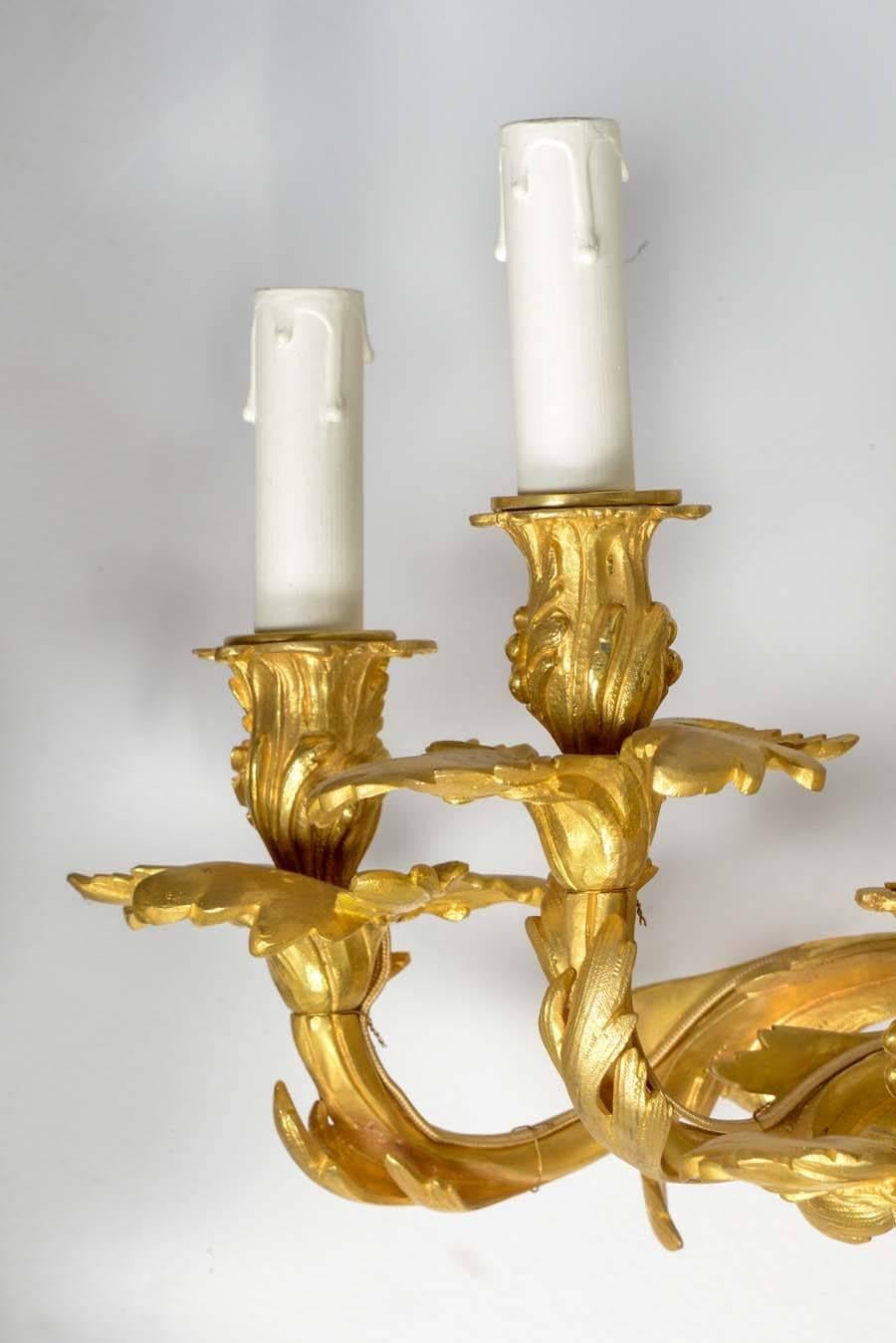 French Pair of Gorgeous Gilded Bronze Sconces, Louis XV Style For Sale