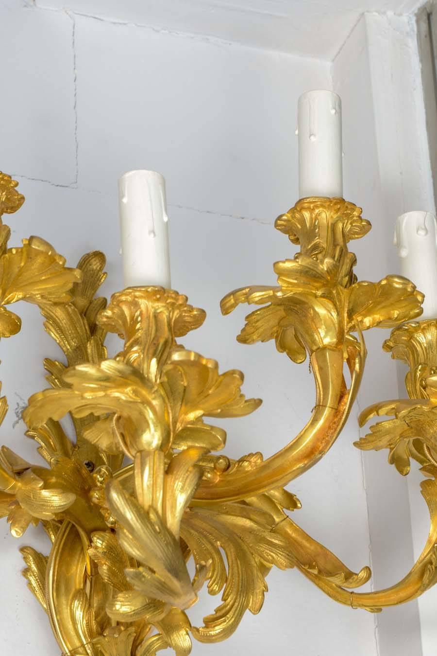 19th Century Pair of Gorgeous Gilded Bronze Sconces, Louis XV Style For Sale