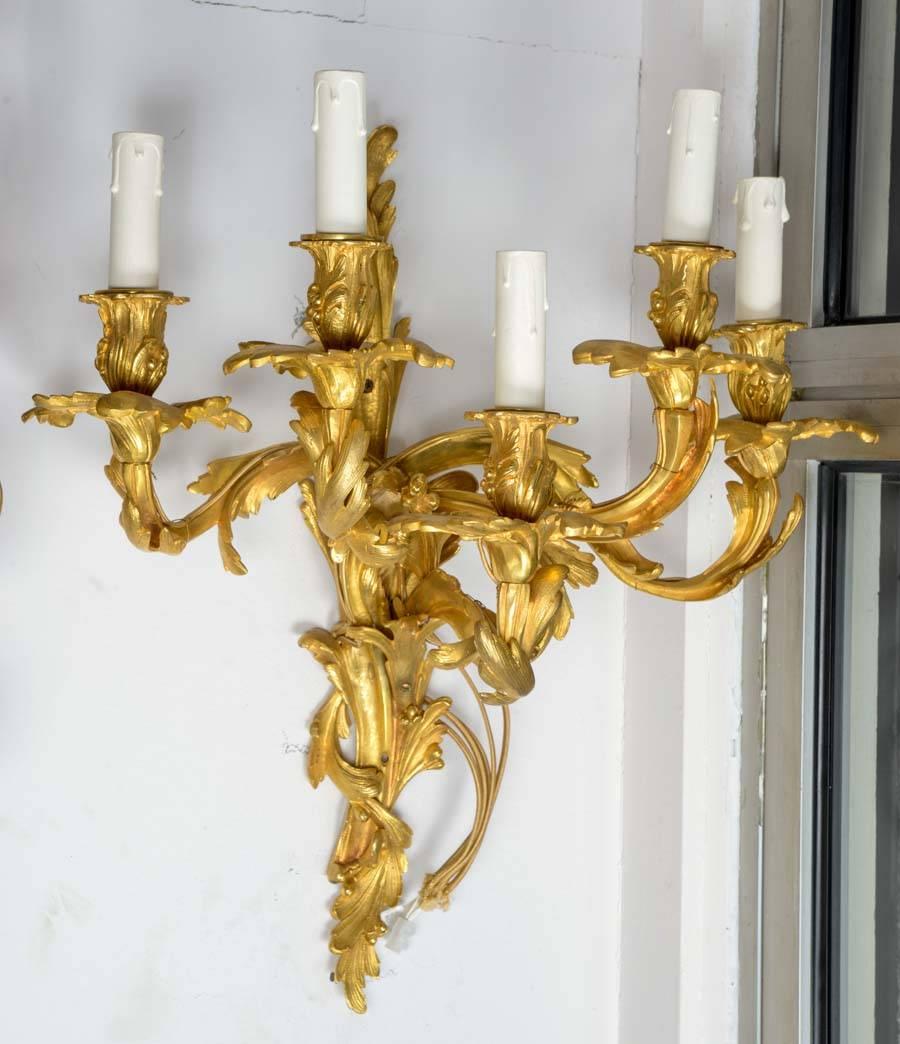 Pair of Gorgeous Gilded Bronze Sconces, Louis XV Style For Sale 1