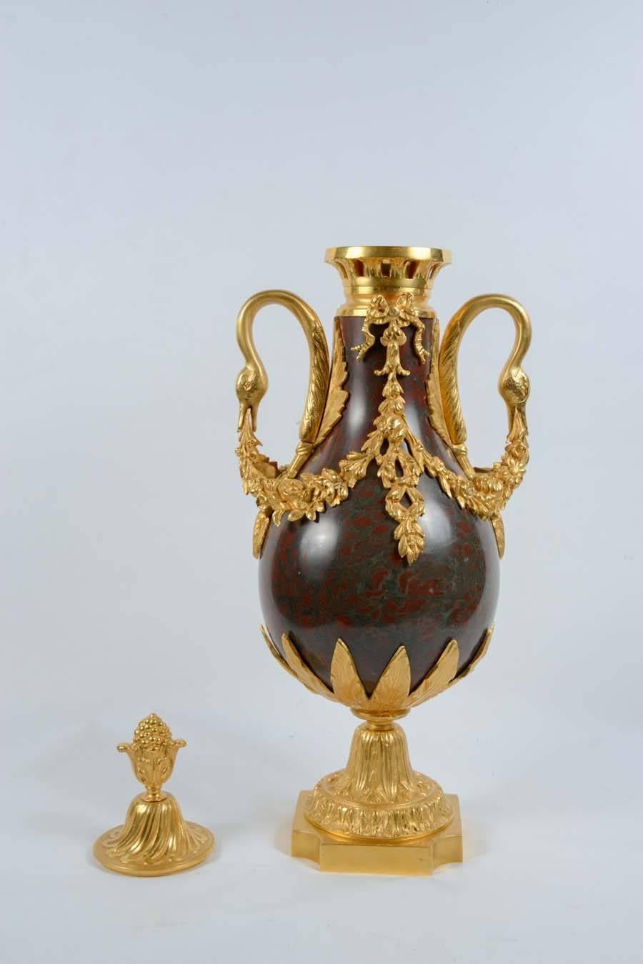 Gilt Gorgeous Pair of Red Marble Urns For Sale