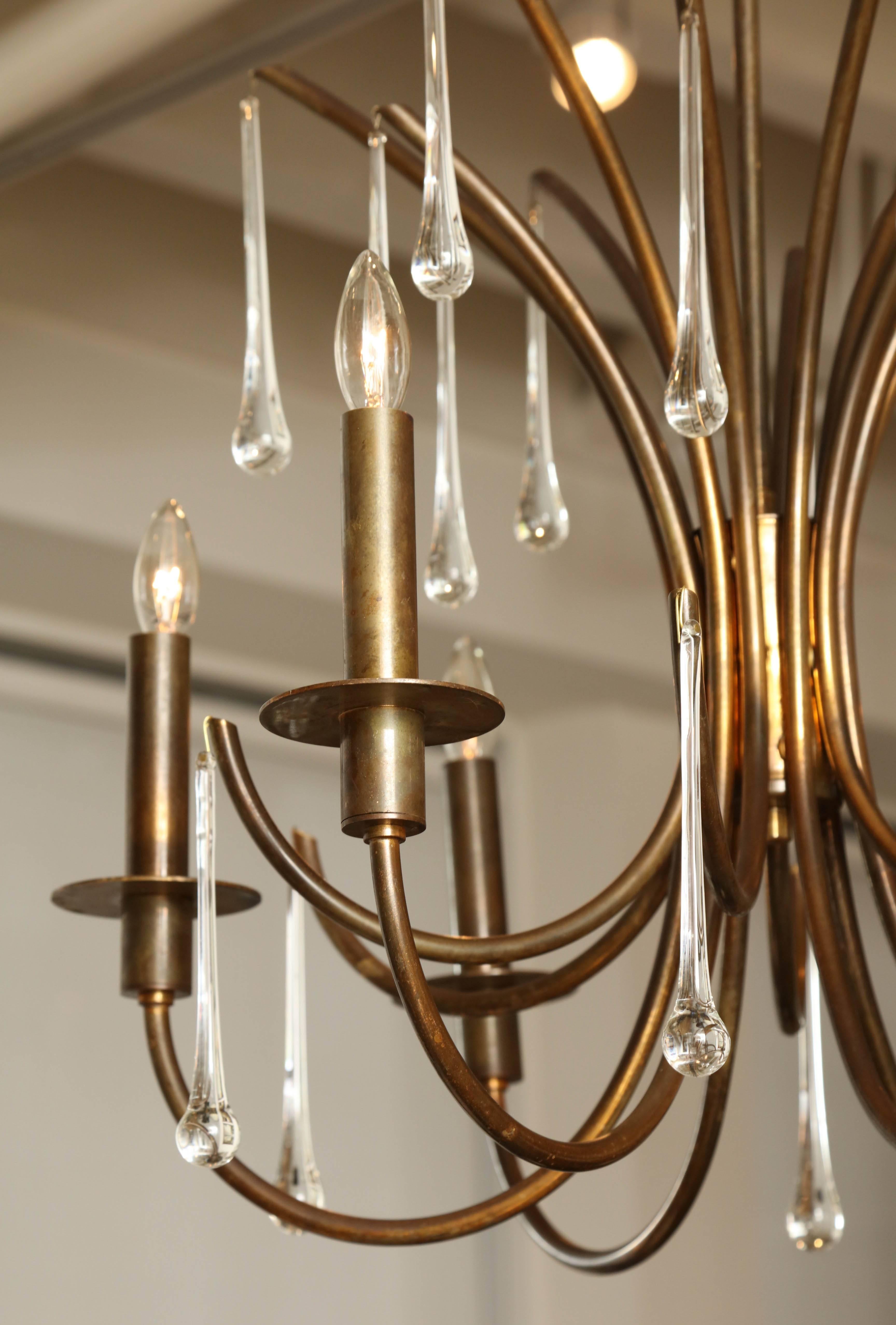 Mid-Century Modern Patinated Brass Six-Light Chandelier with Long Crystal Drops, France, circa 1960