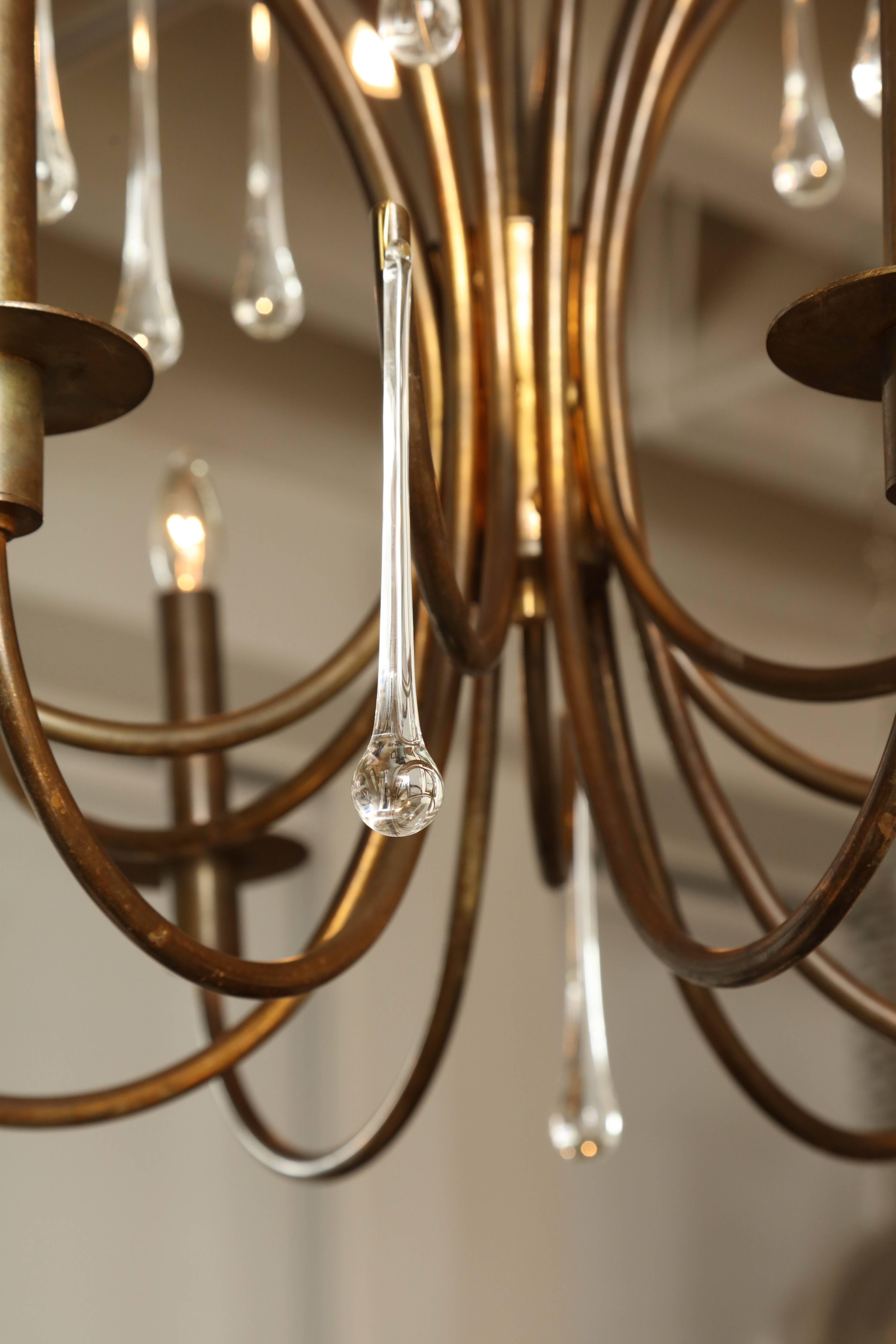 French Patinated Brass Six-Light Chandelier with Long Crystal Drops, France, circa 1960