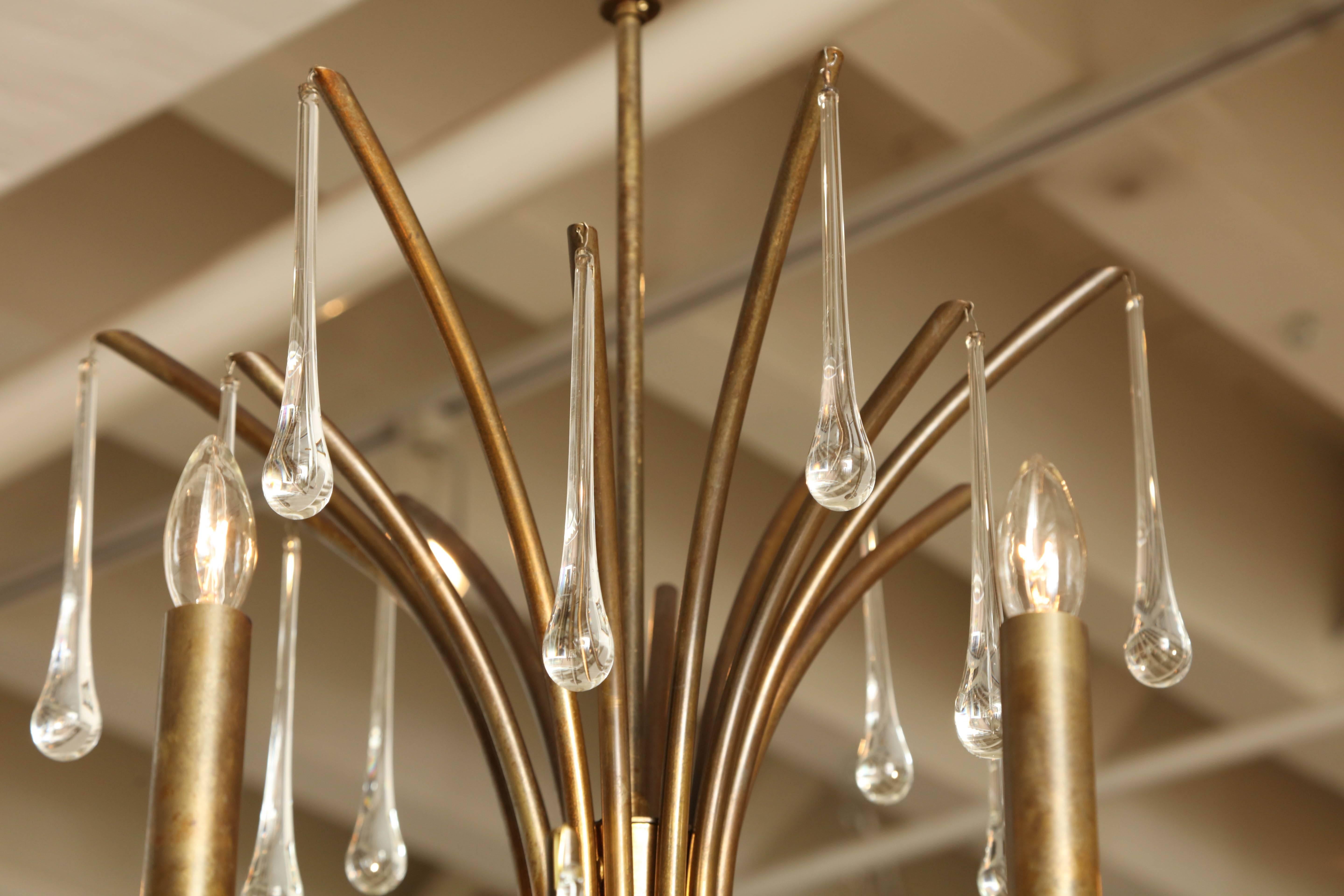 Patinated Brass Six-Light Chandelier with Long Crystal Drops, France, circa 1960 In Excellent Condition In New York, NY