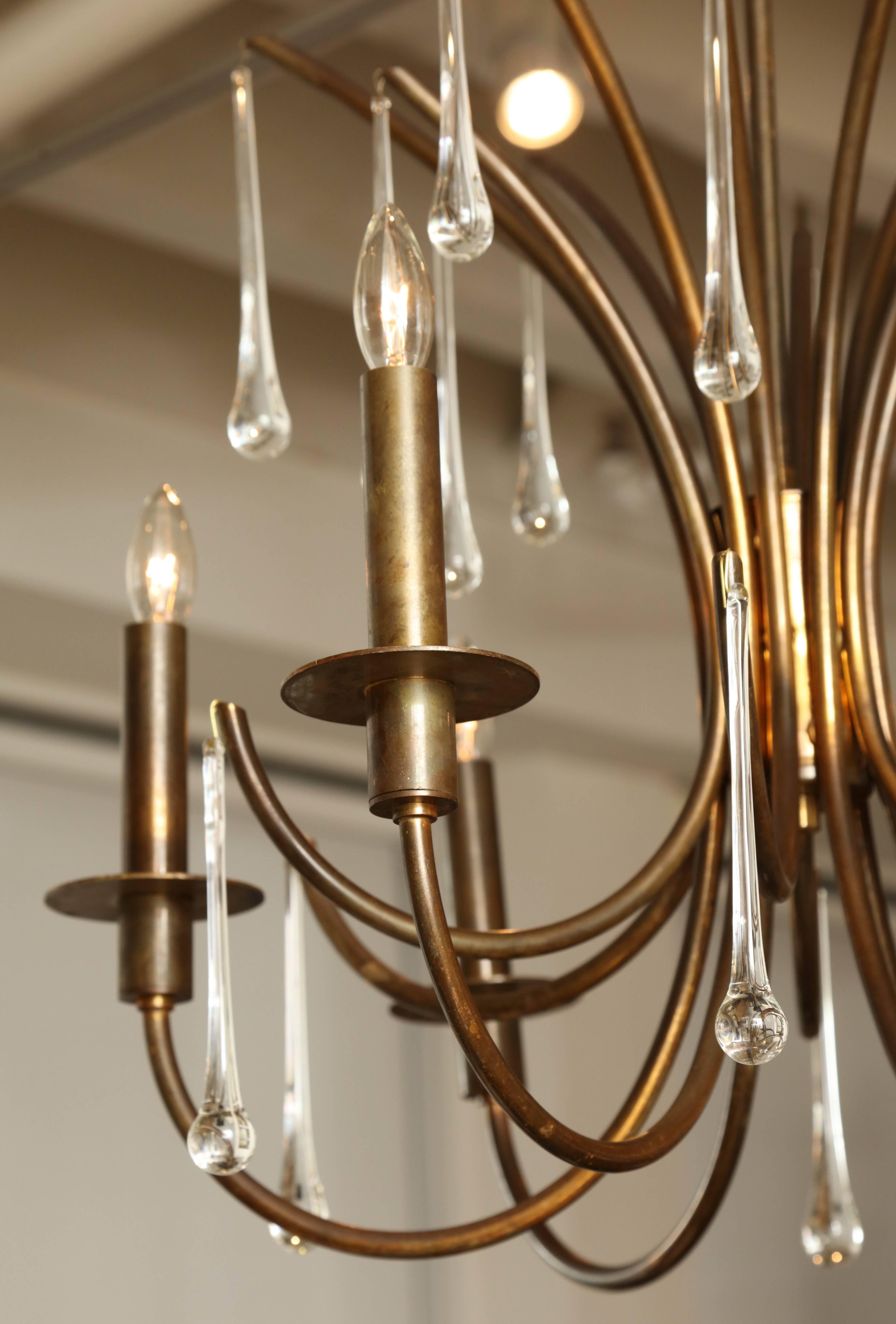 Patinated Brass Six-Light Chandelier with Long Crystal Drops, France, circa 1960 1