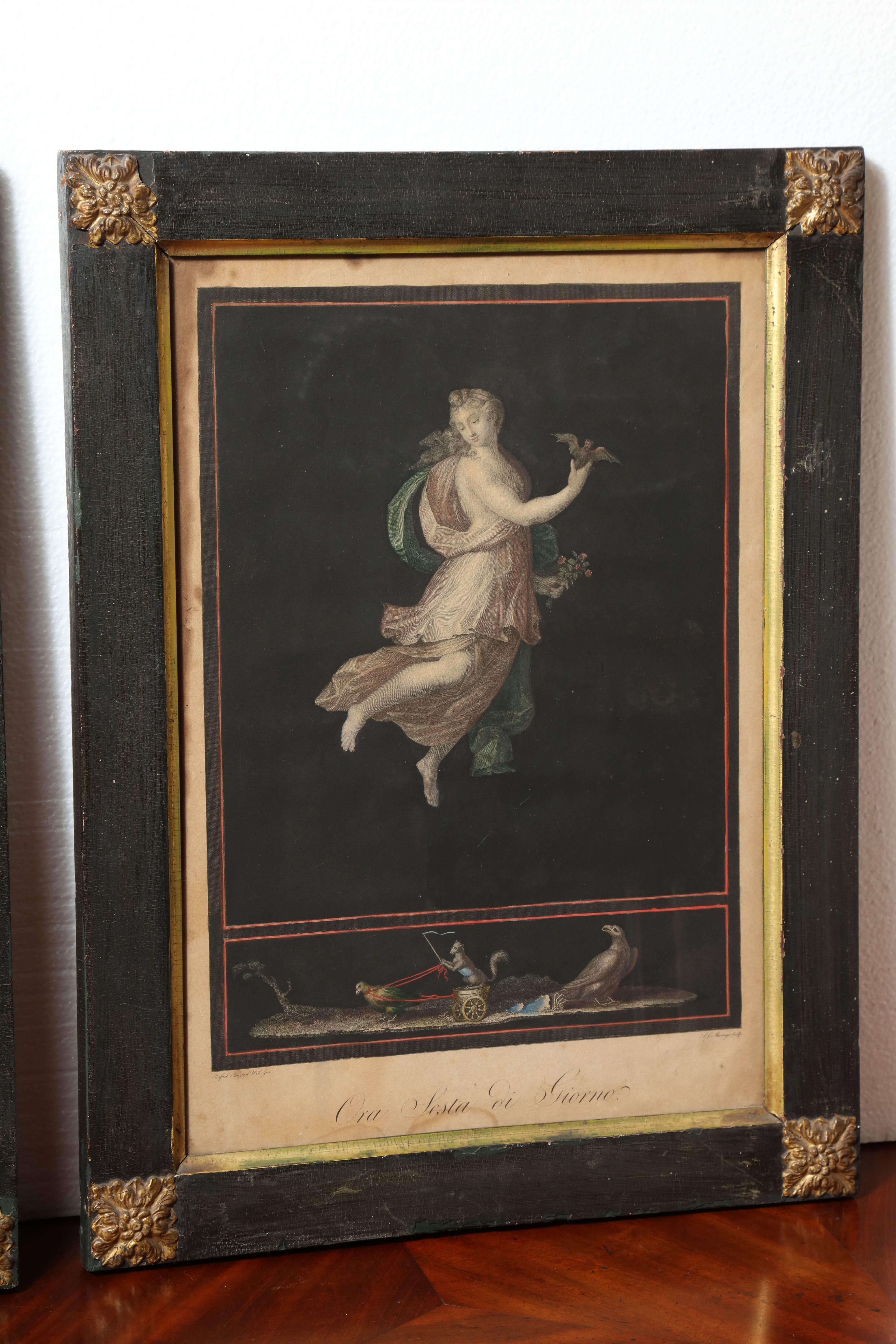 Two 19th century hand colored allegorical prints of night and day after Raphael Sanzio.